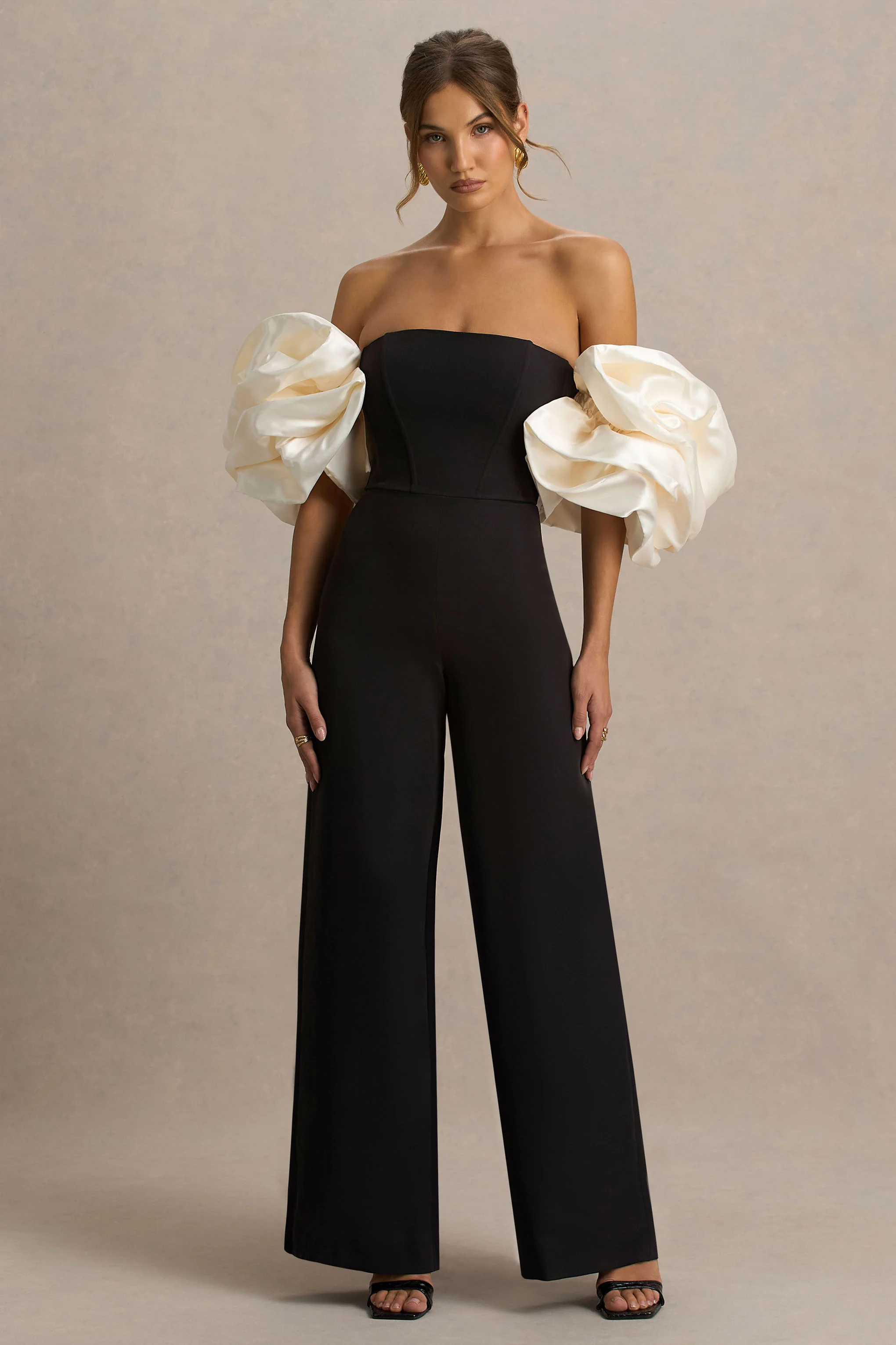Panama | Zwarte Bardot Jumpsuit Met Crème Pof Mouwen