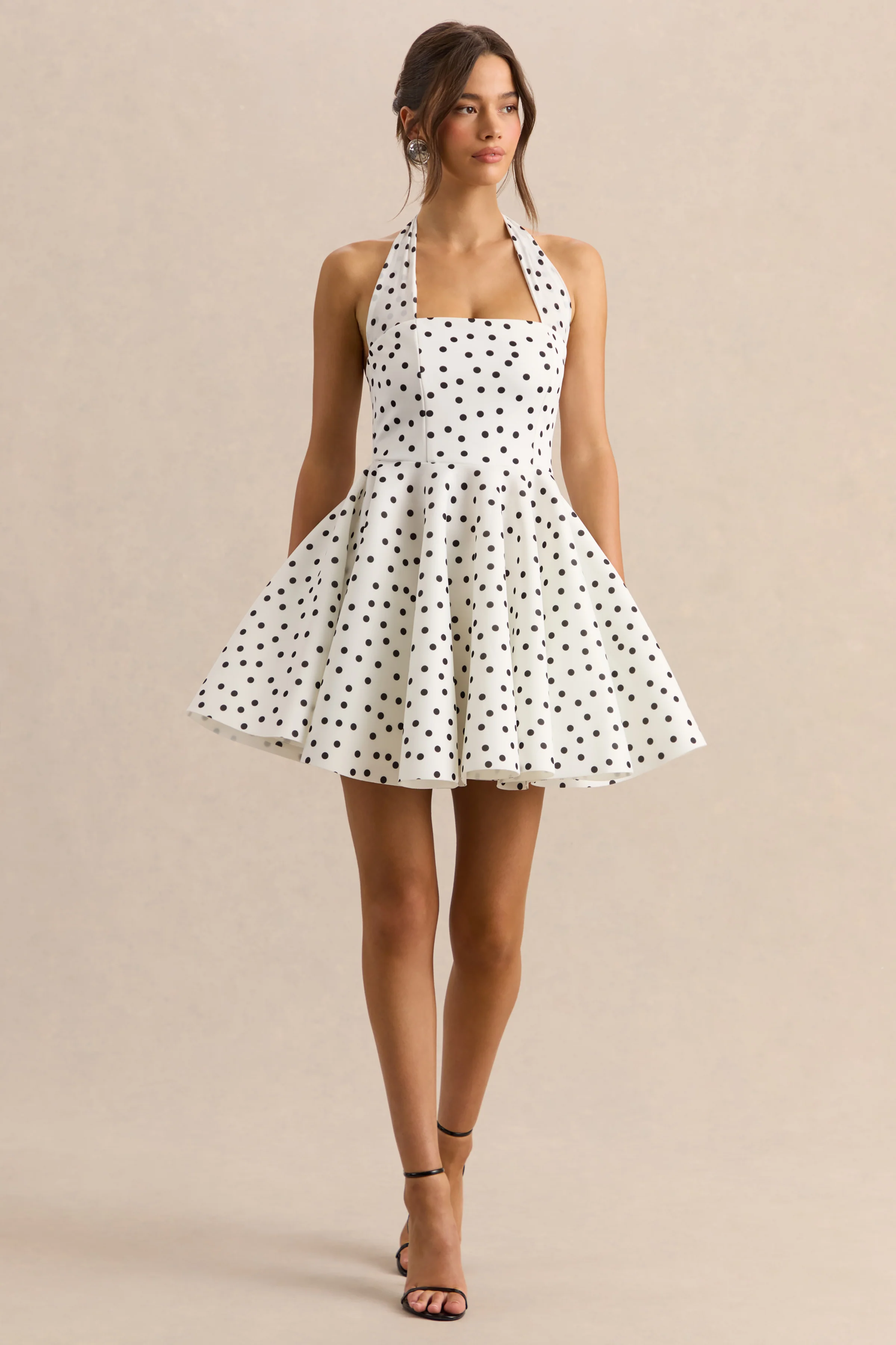 Peggy | Wit & Zwarte Stippen Print Skater Mini Jurk Met Halternek - Image 4