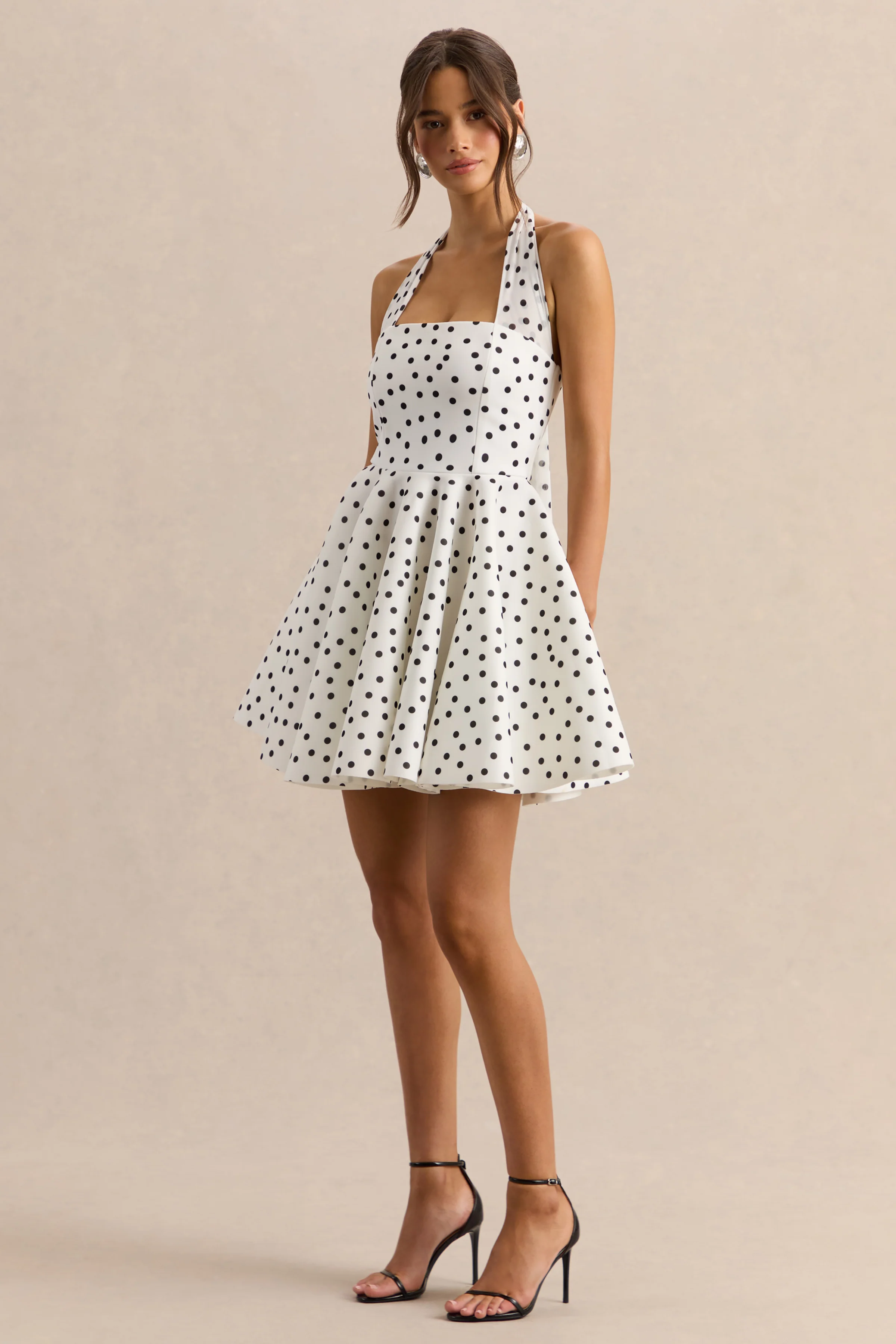 Peggy | Wit & Zwarte Stippen Print Skater Mini Jurk Met Halternek - Image 6