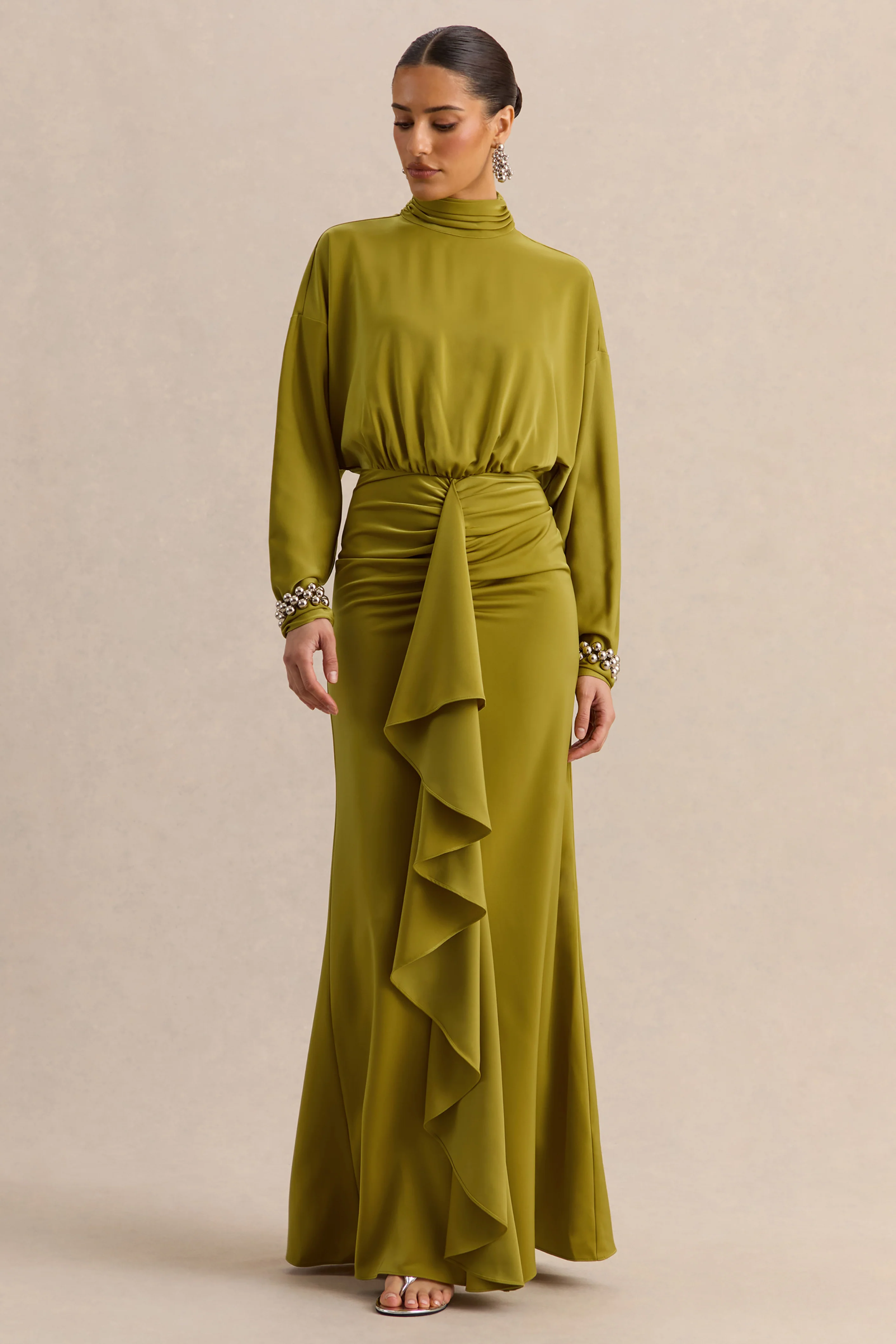 Perla | Olijfgroene Hoge Hals Maxi Jurk Met Geplooide details