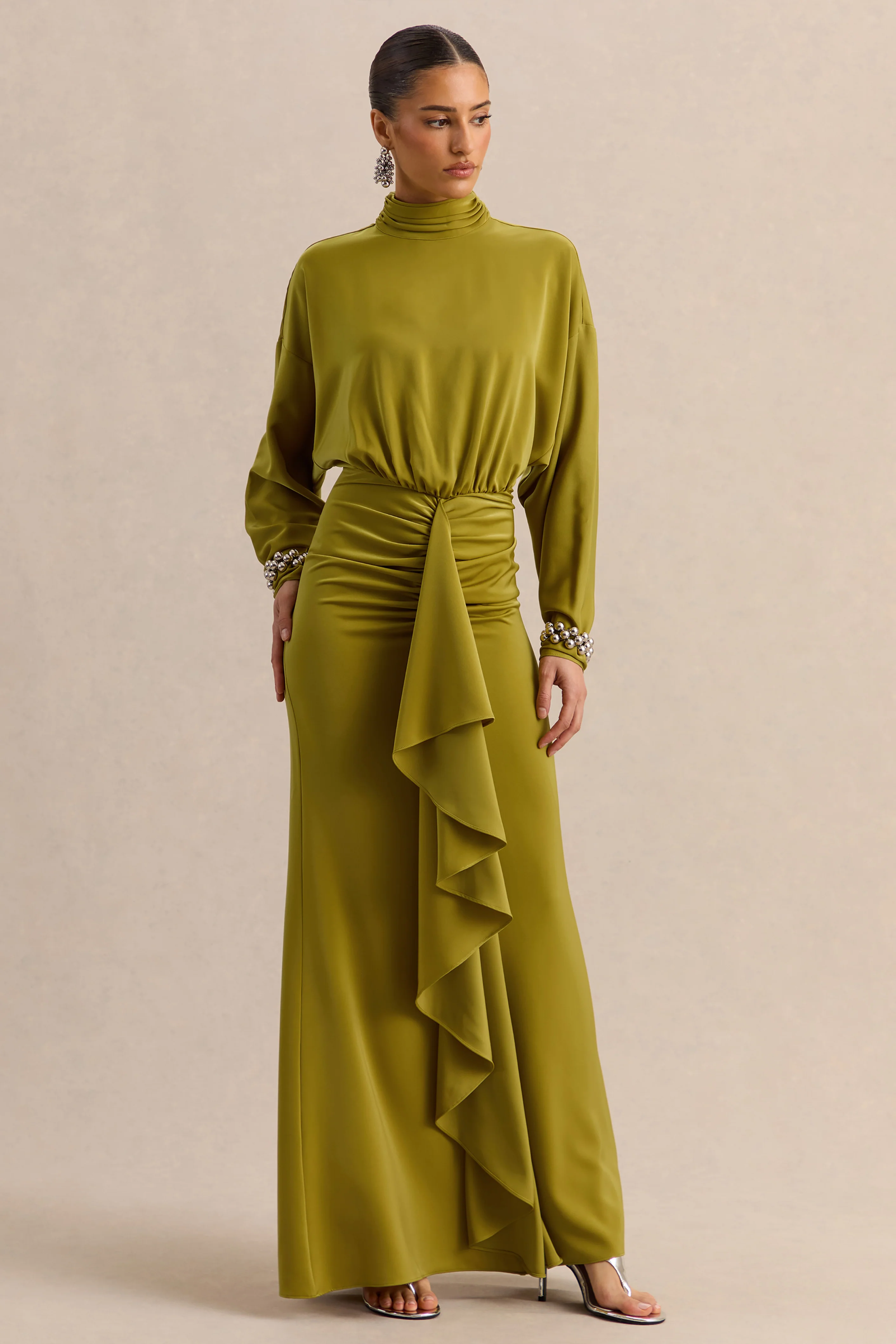 Perla | Olijfgroene Hoge Hals Maxi Jurk Met Geplooide details - Image 4