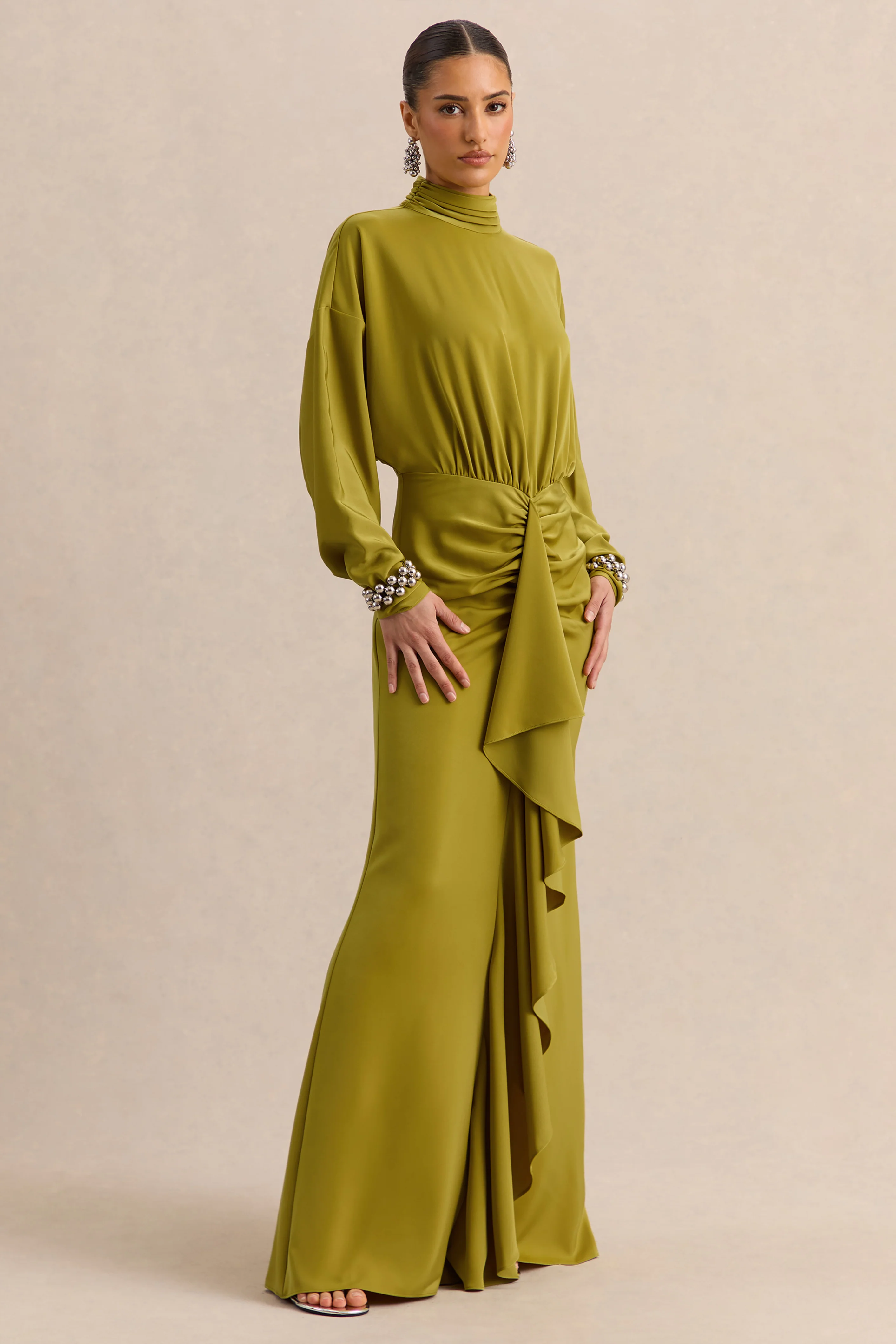 Perla | Olijfgroene Hoge Hals Maxi Jurk Met Geplooide details - Image 5