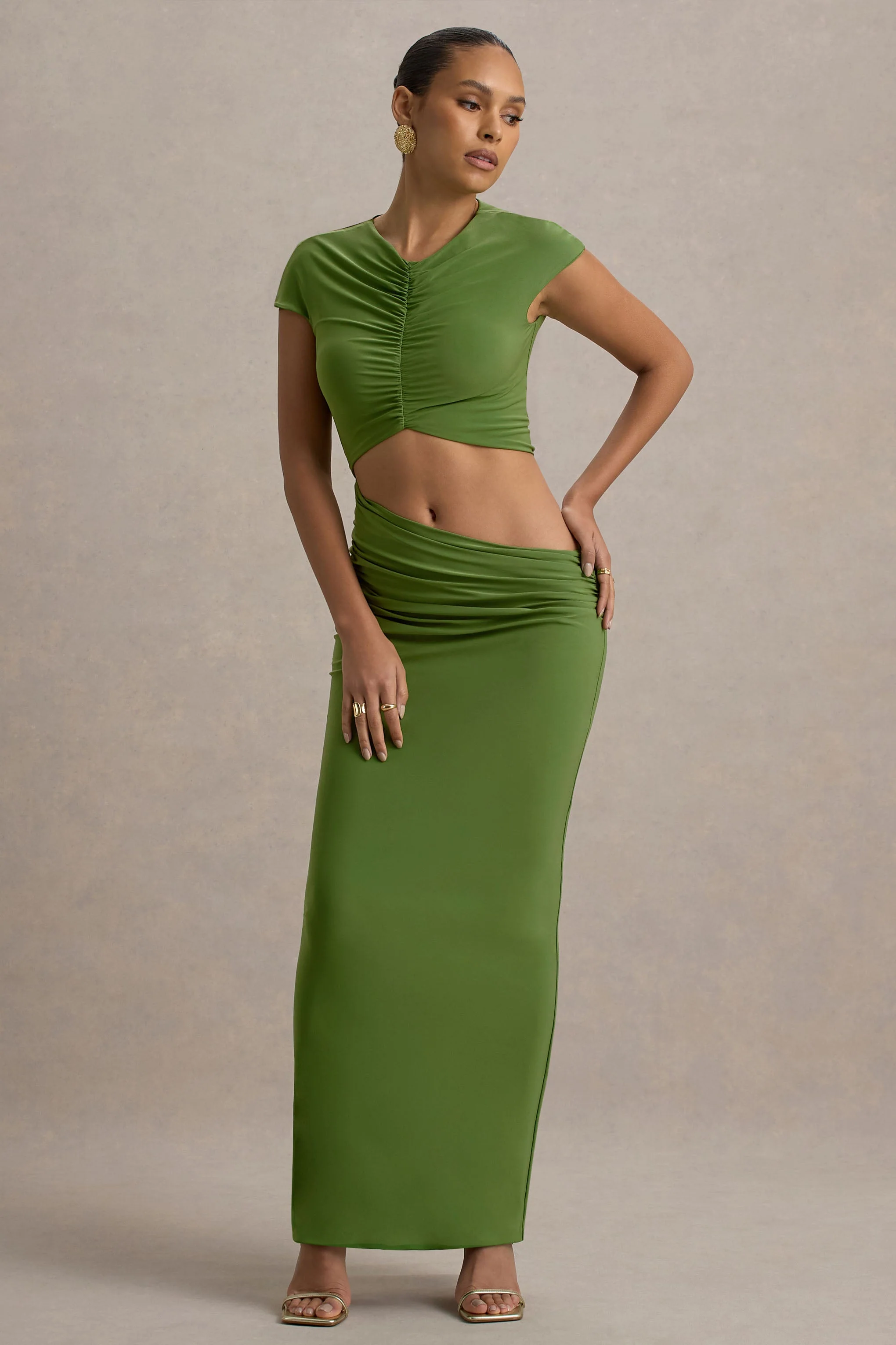 Pia | Groene Maxi Jurk Met Korte Mouwen En Uitsnijding - Image 5