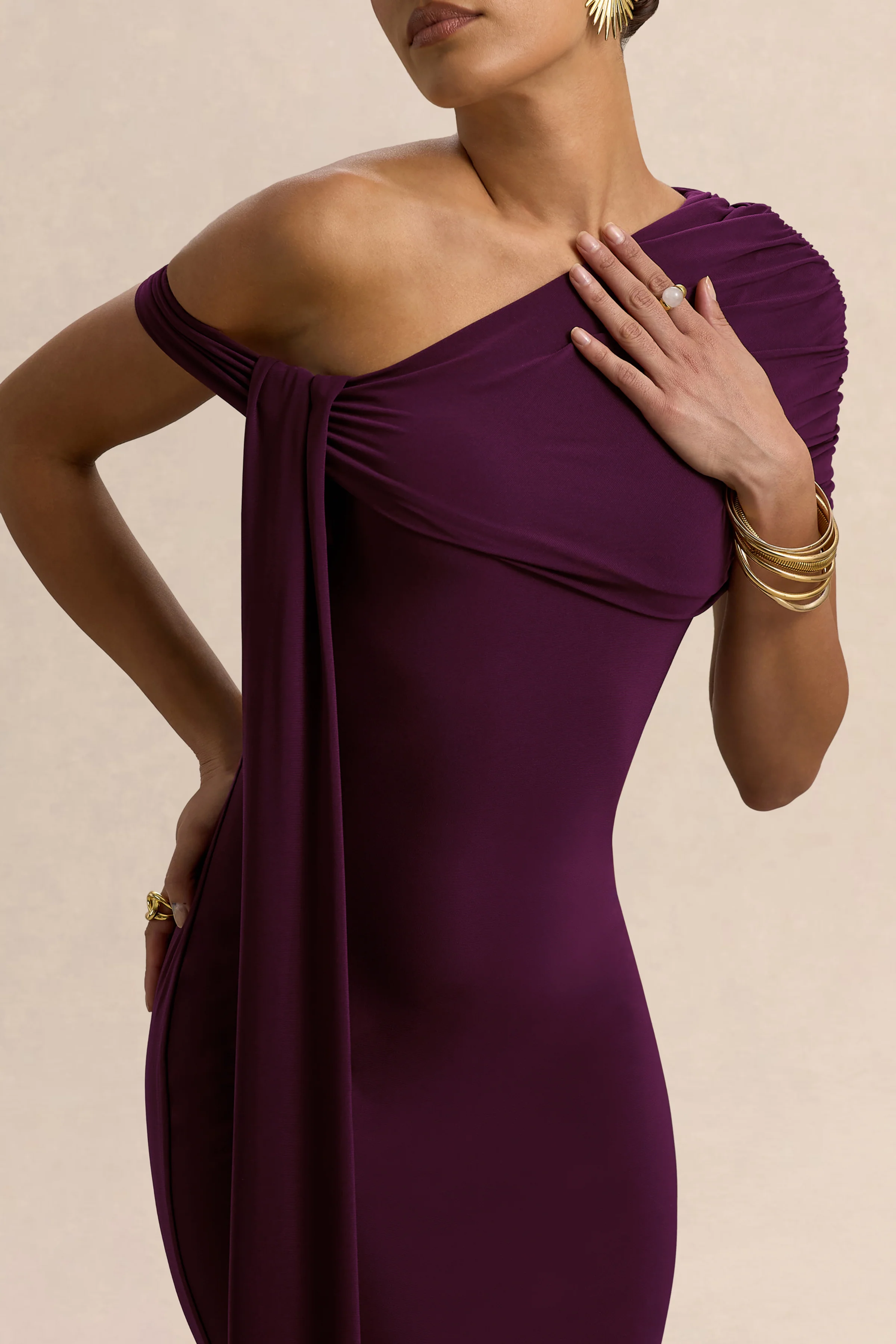 Praia | Pruimkleurige Asymmetrische Hals Maxi Jurk Met Ceintuur En Draperend Detail - Image 3