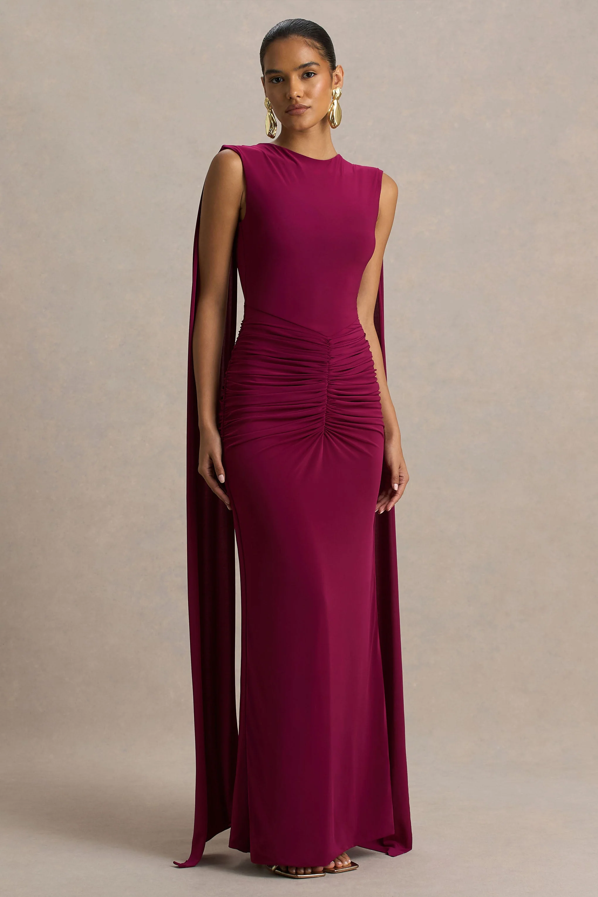 Premiere | Bordeaux Boot Hals Maxi Jurk Met Open Rug En Cape Mouwen - Image 2