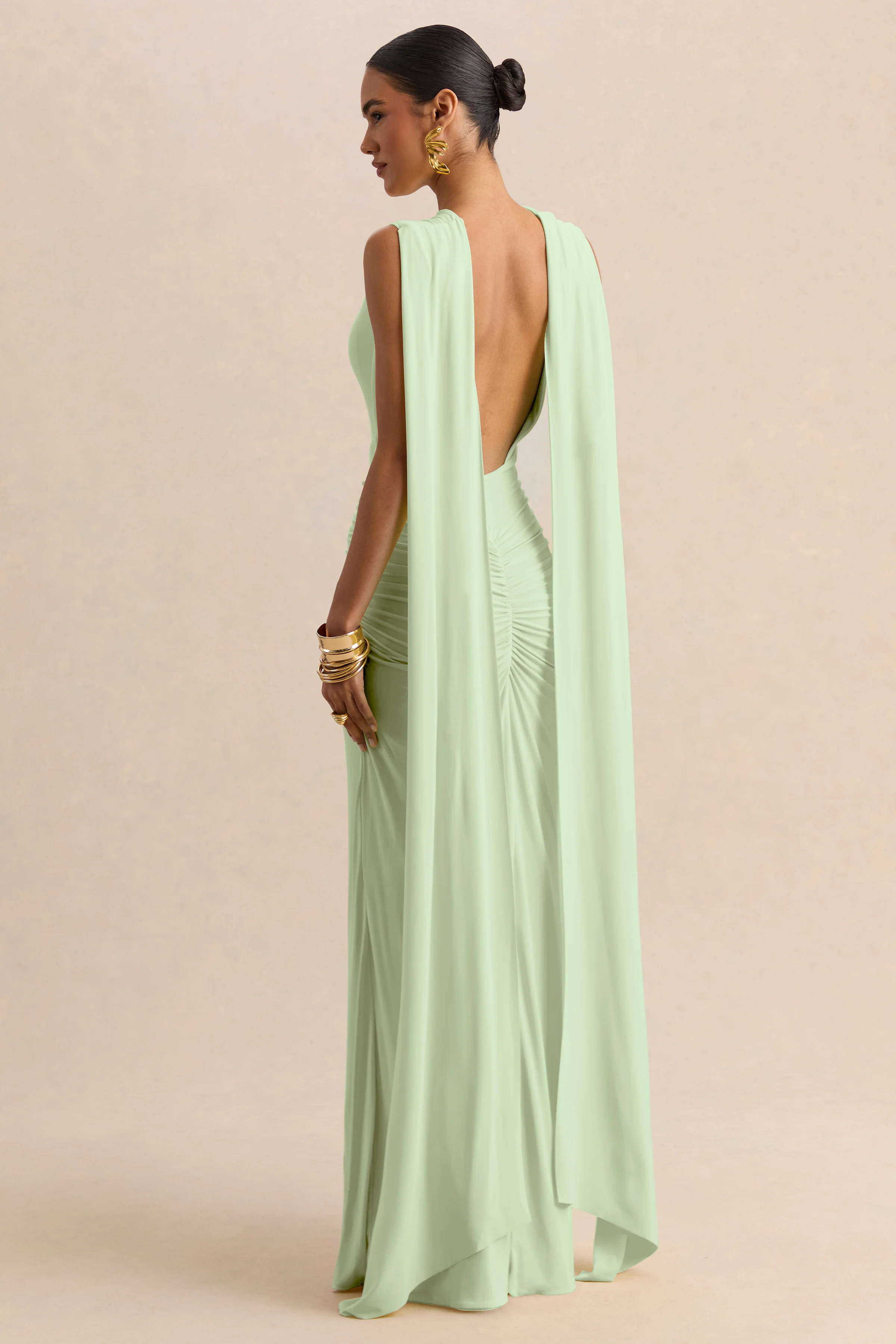 Premiere | Mint Boot Hals Maxi Jurk Met Cape Mouwen En Open Rug