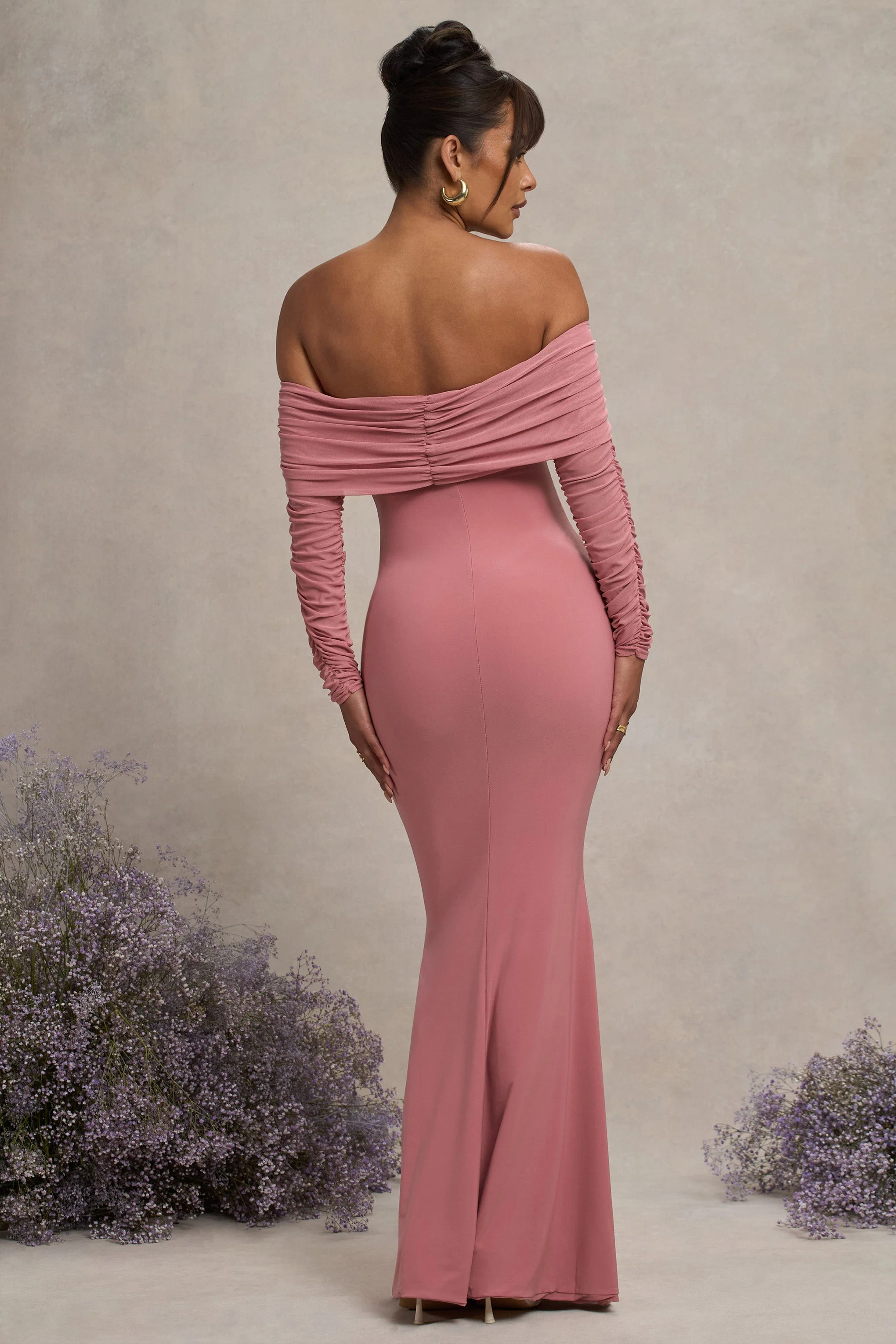 Pretty Perfect | Blosroze Zwangerschaps Gerimpeld Mesh Bardot Maxi Jurk - Image 2