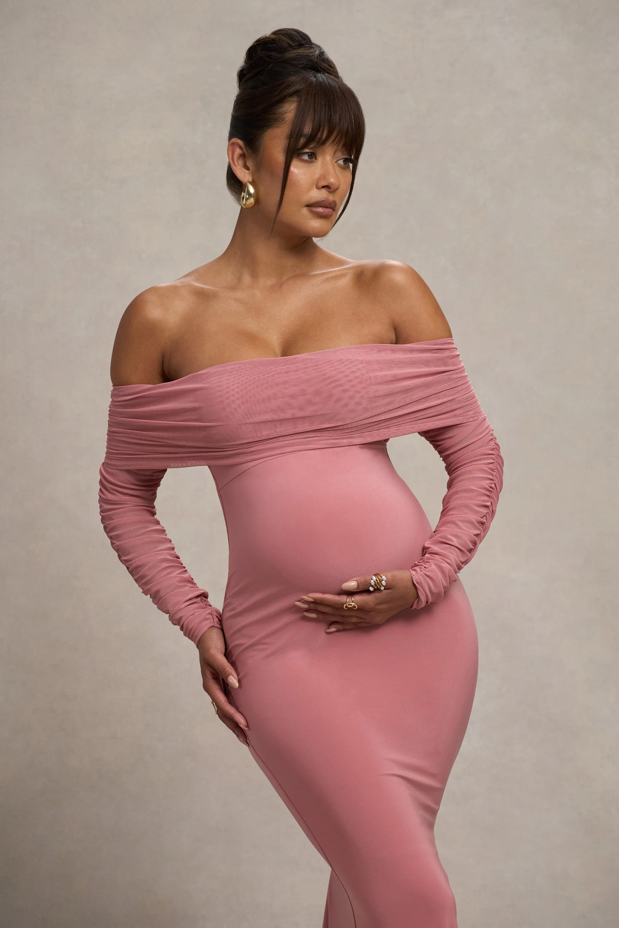 Pretty Perfect | Blosroze Zwangerschaps Gerimpeld Mesh Bardot Maxi Jurk - Image 3