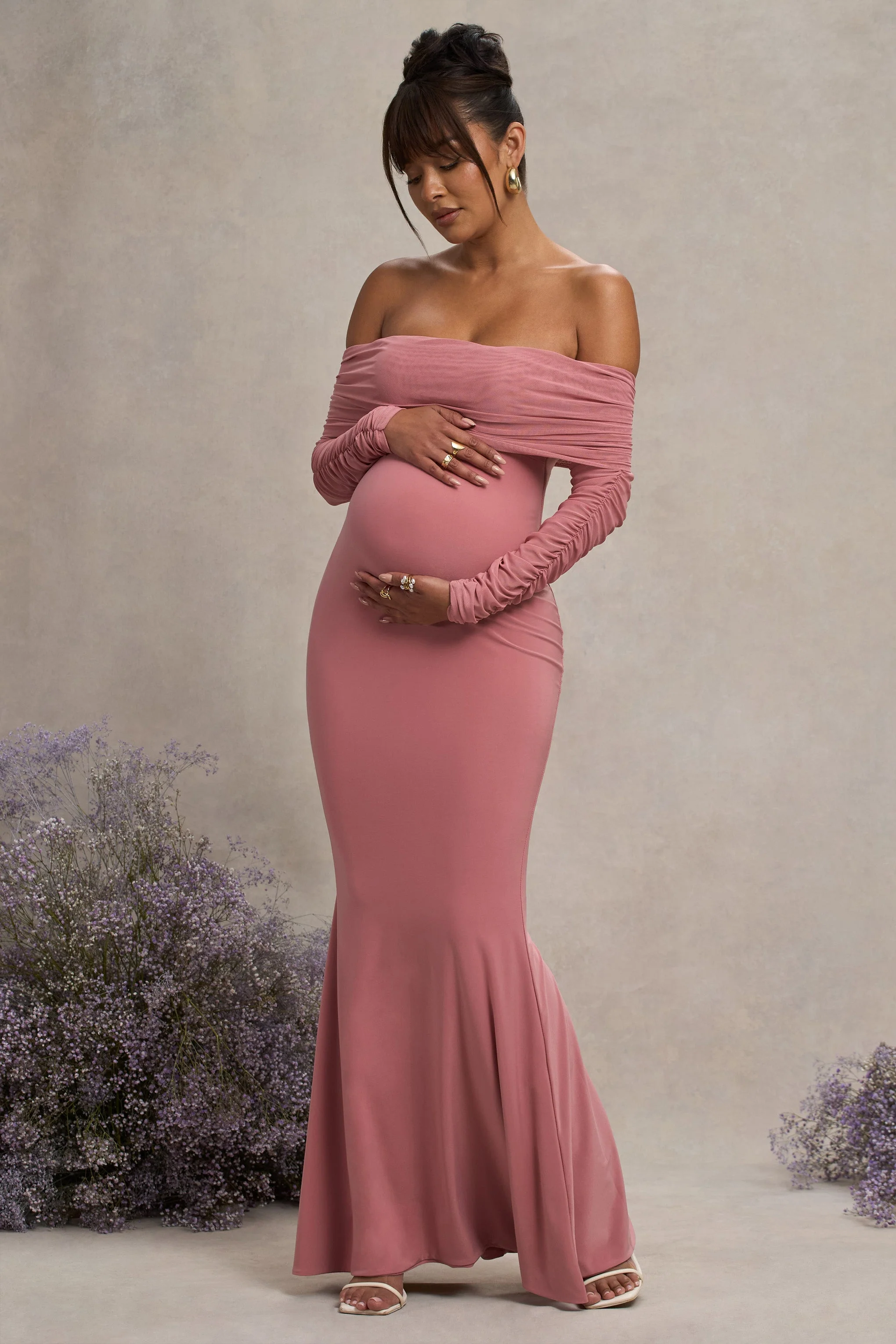 Pretty Perfect | Blosroze Zwangerschaps Gerimpeld Mesh Bardot Maxi Jurk - Image 4