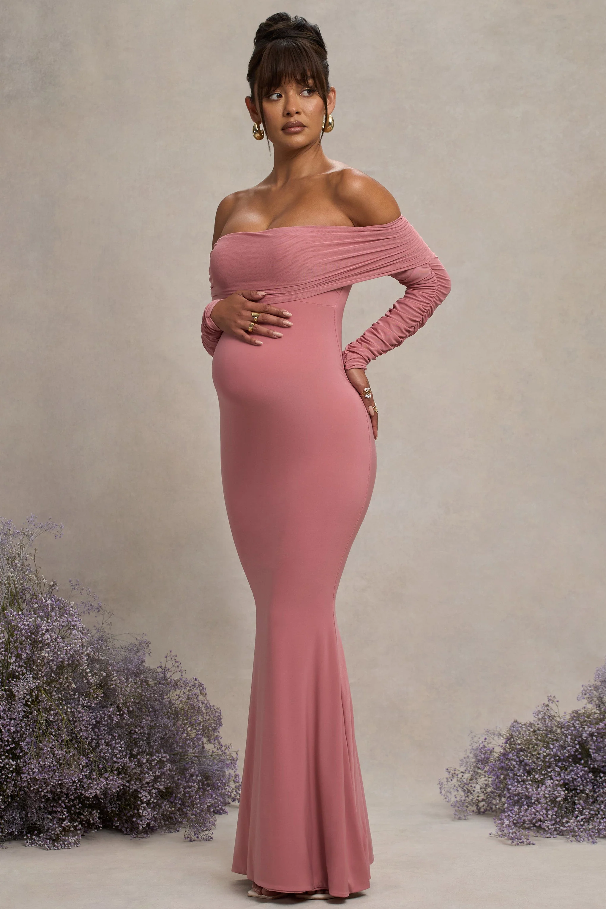 Pretty Perfect | Blosroze Zwangerschaps Gerimpeld Mesh Bardot Maxi Jurk - Image 5