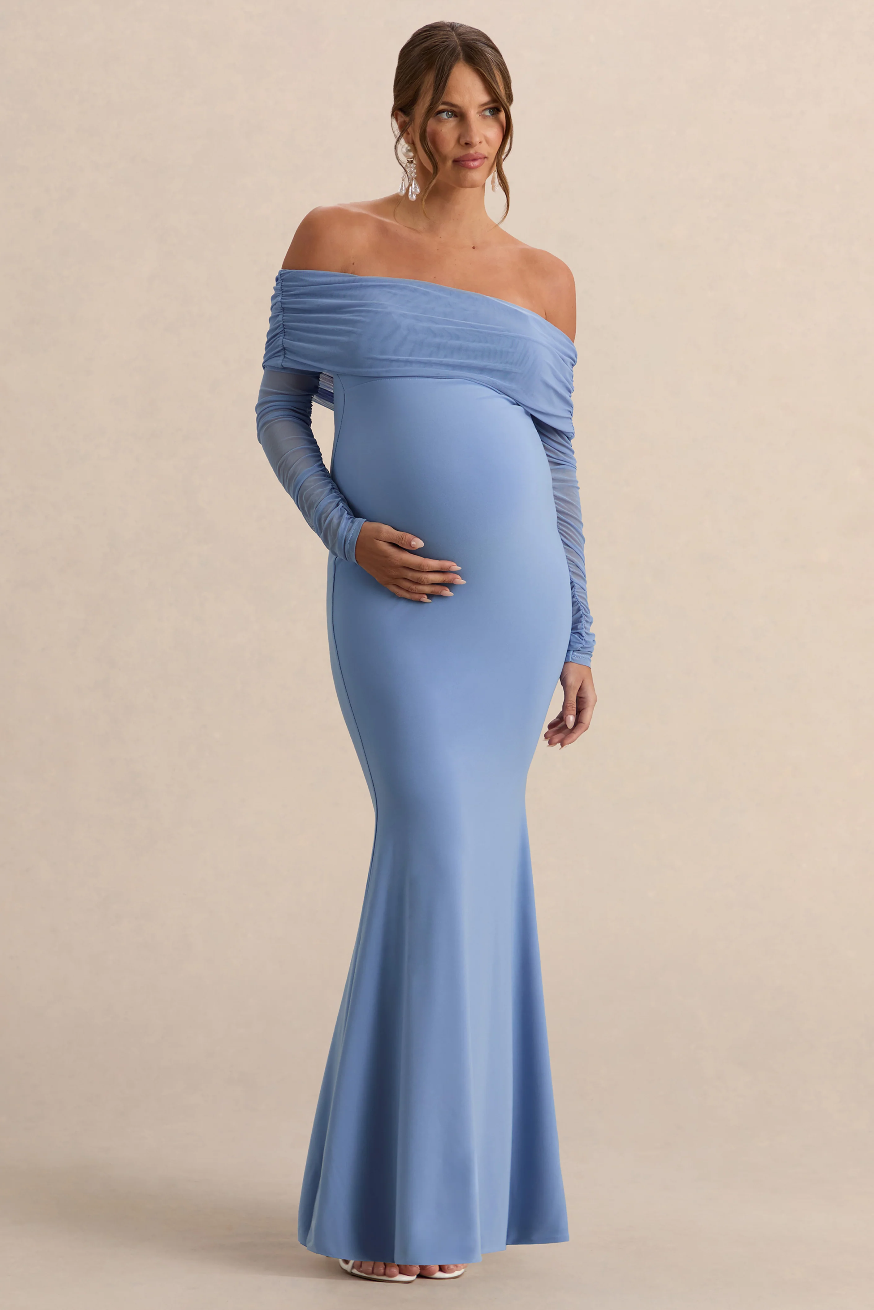Pretty Perfect | Poederblauwe Zwangerschaps Gerimpeld Mesh Bardot Maxi Jurk