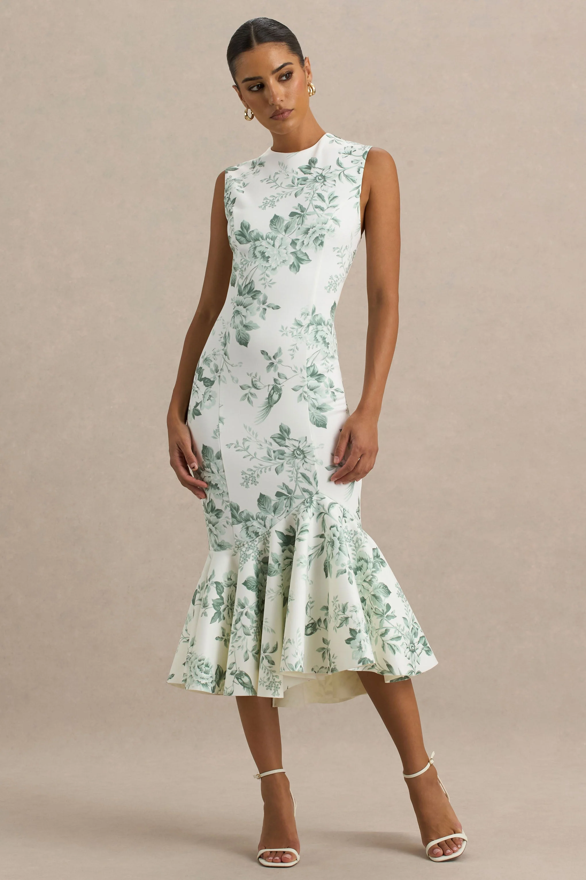 Priceless | Groene Porselein Print Hoge Hals Fishtail Middi Jurk