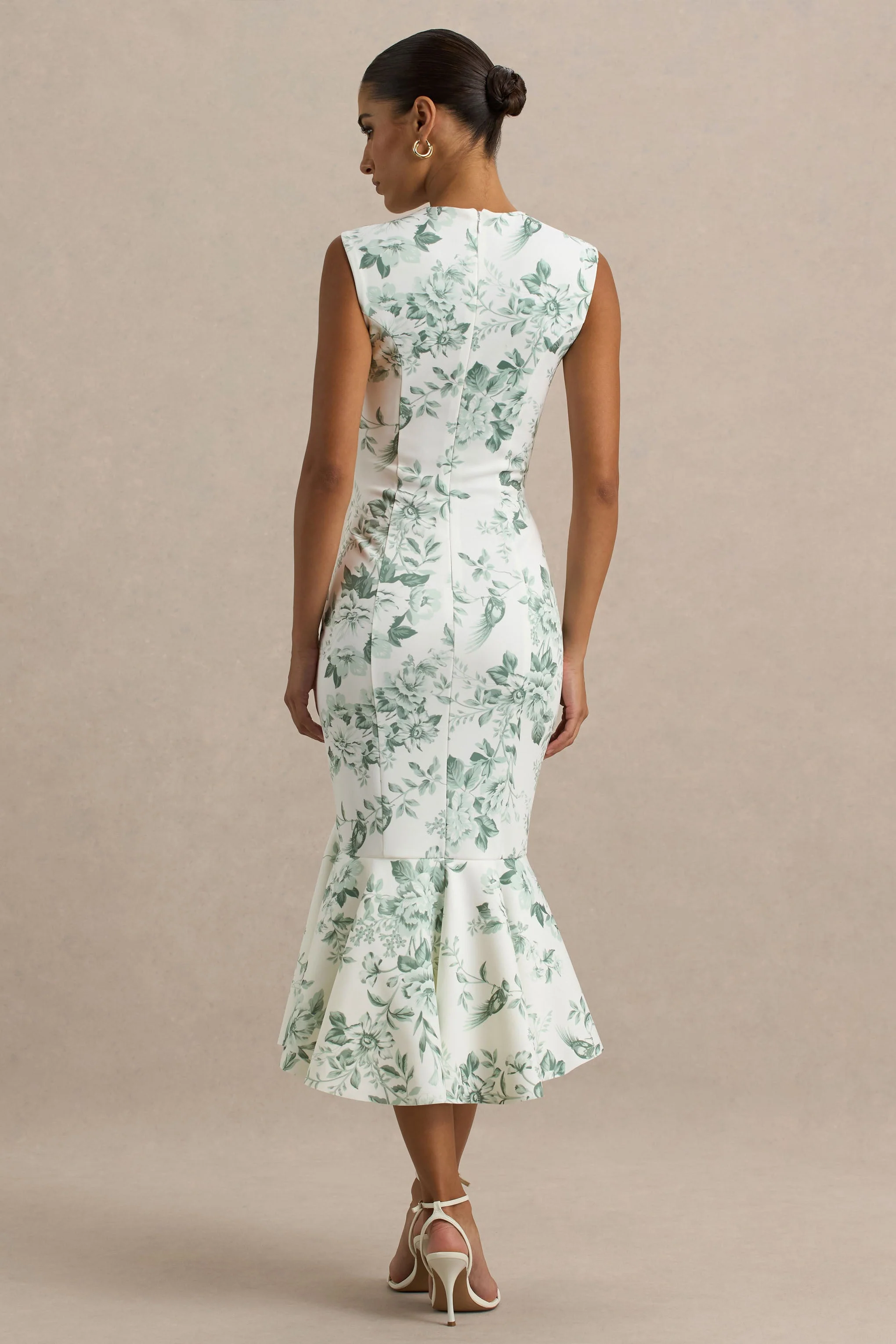 Priceless | Groene Porselein Print Hoge Hals Fishtail Middi Jurk - Image 2