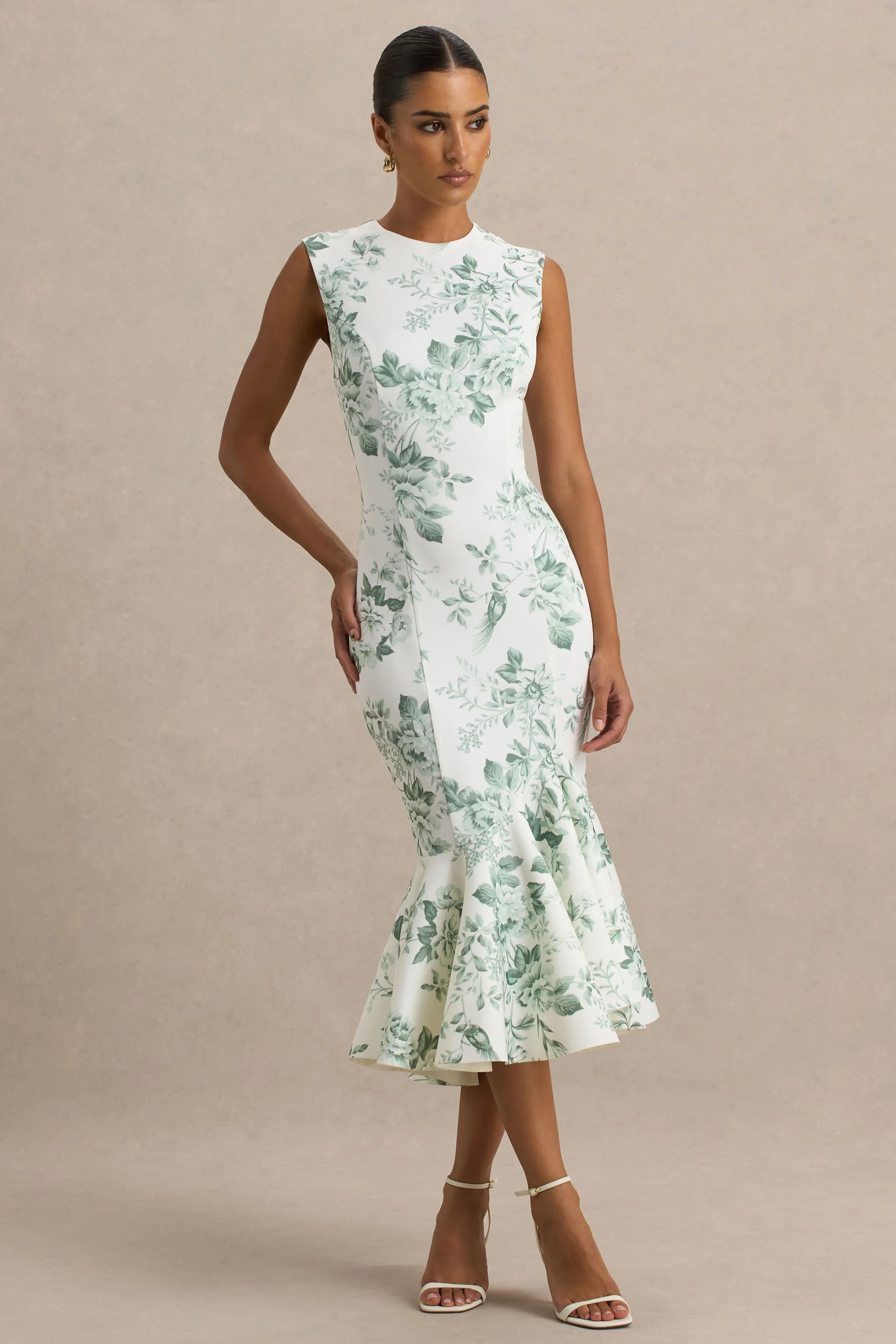Priceless | Groene Porselein Print Hoge Hals Fishtail Middi Jurk - Image 3