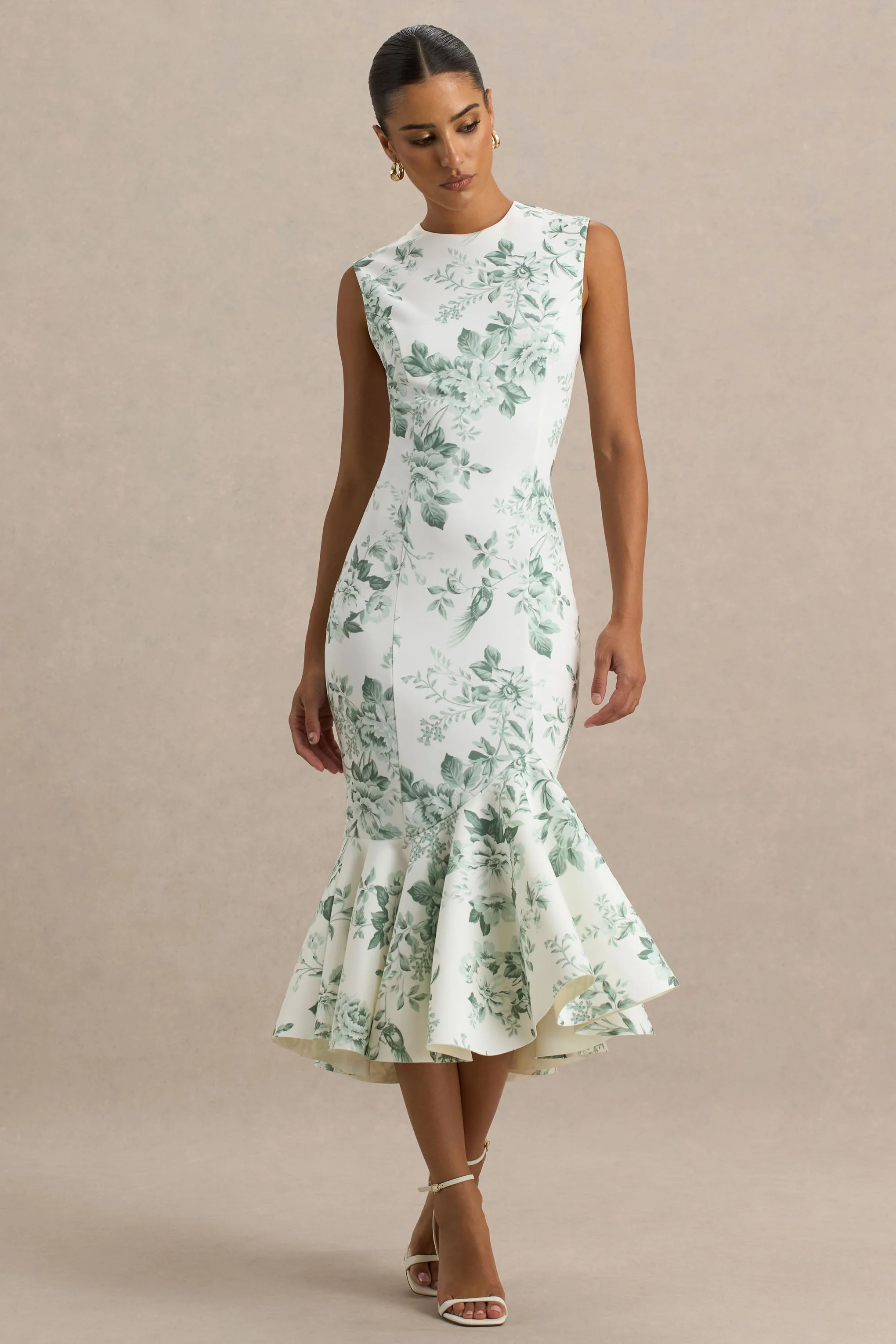Priceless | Groene Porselein Print Hoge Hals Fishtail Middi Jurk - Image 4
