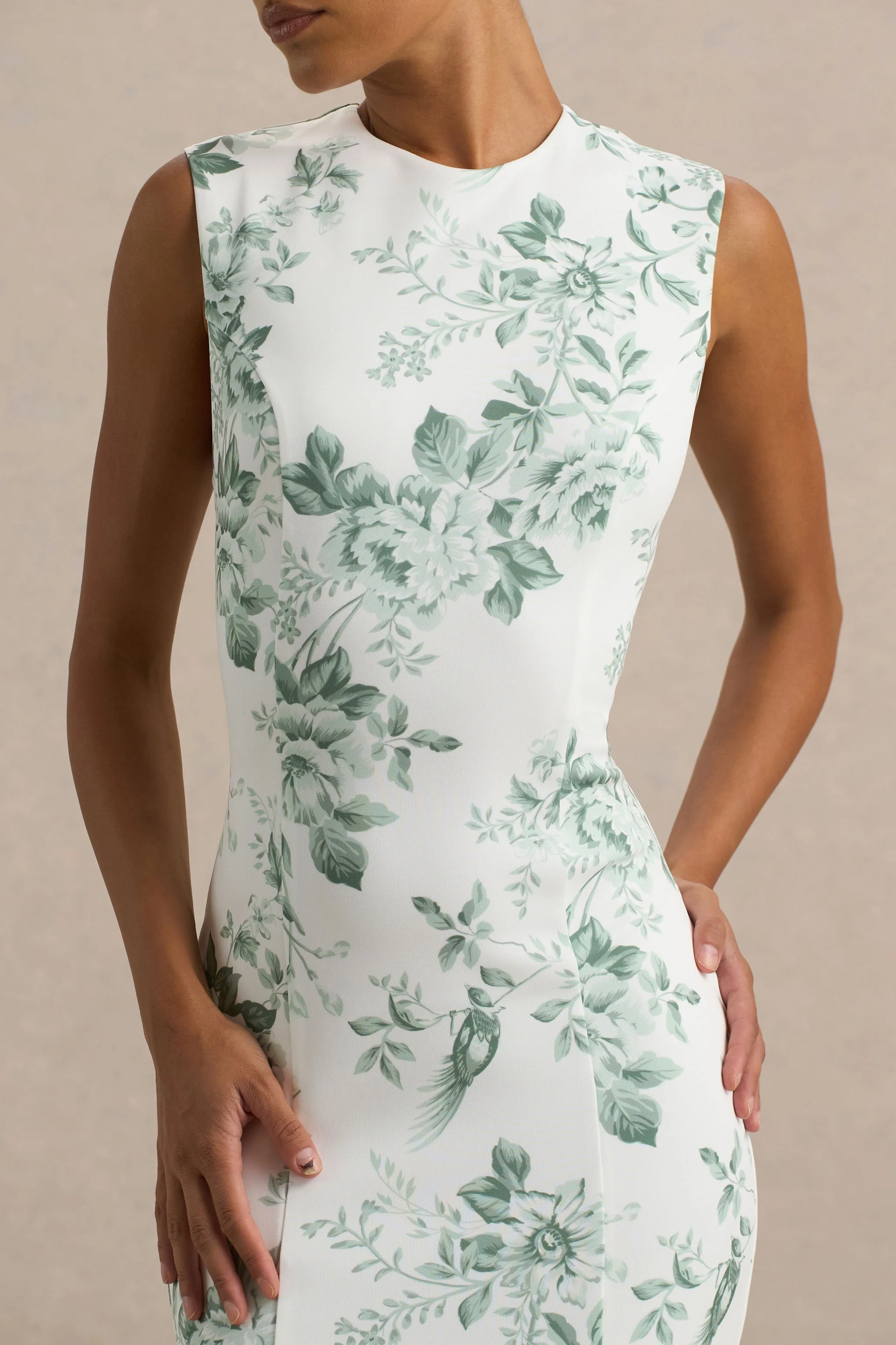 Priceless | Groene Porselein Print Hoge Hals Fishtail Middi Jurk - Image 5