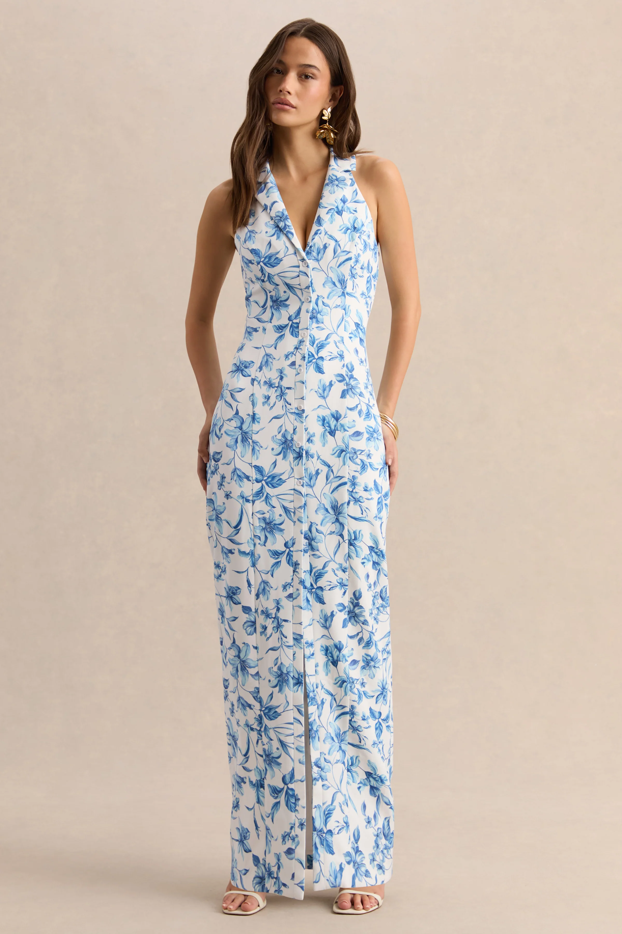 Quinn | Blauwe Porselein Print Getailleerde Maxi Jurk Met Diepe V-Hals