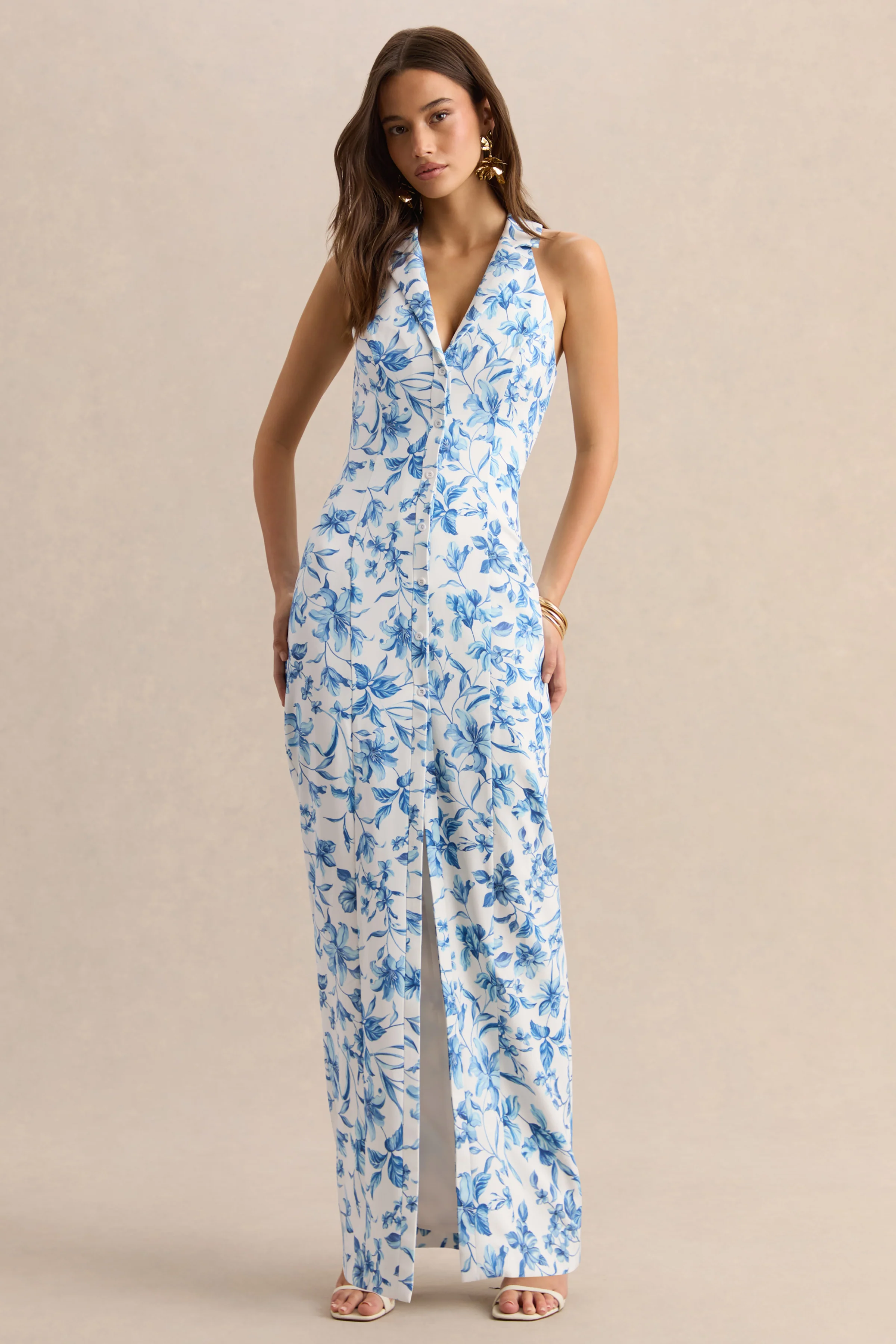 Quinn | Blauwe Porselein Print Getailleerde Maxi Jurk Met Diepe V-Hals - Image 4