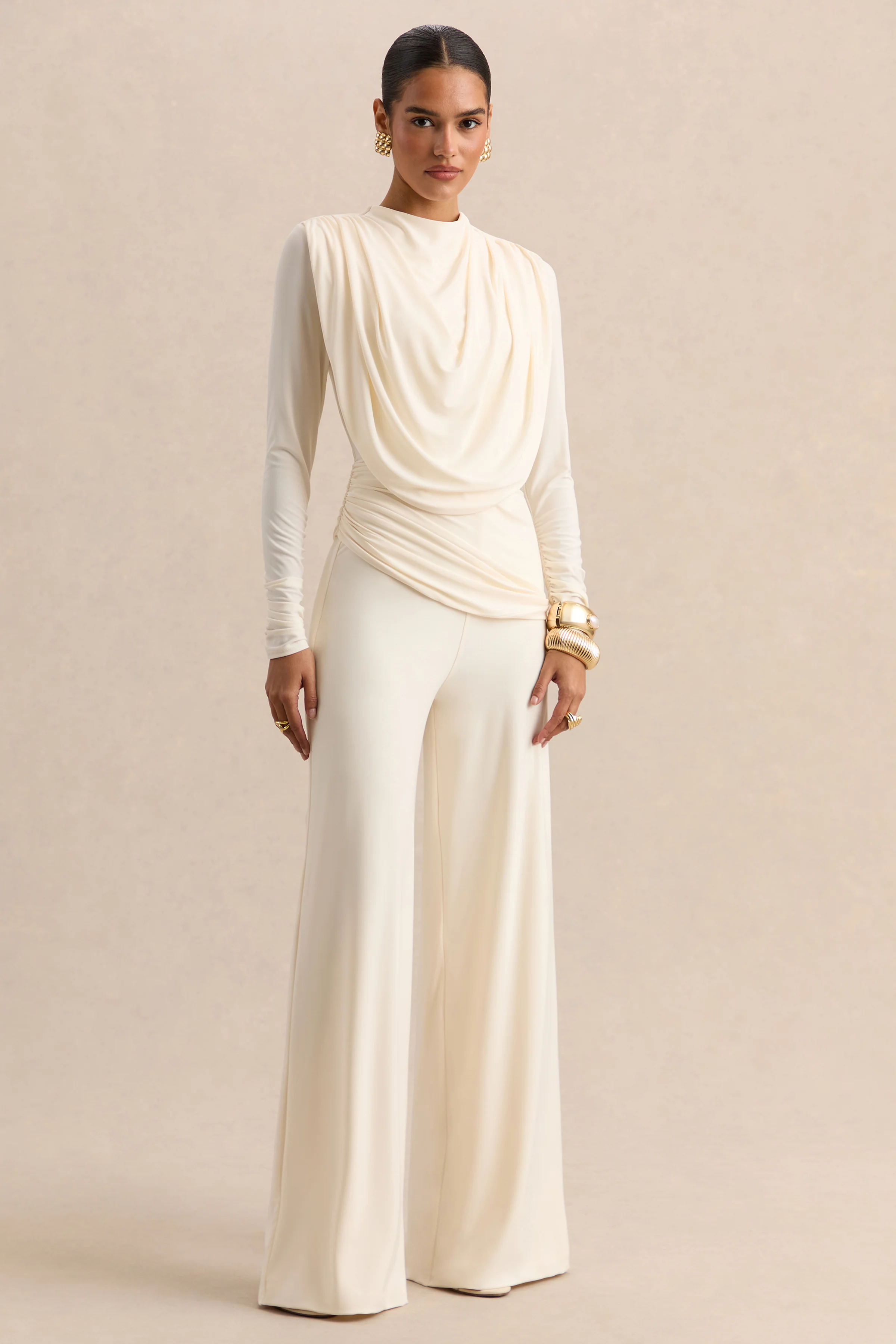 Raniella | Witte Top met Hoge Hals en Gerimpelde en Draperende Details - Image 2