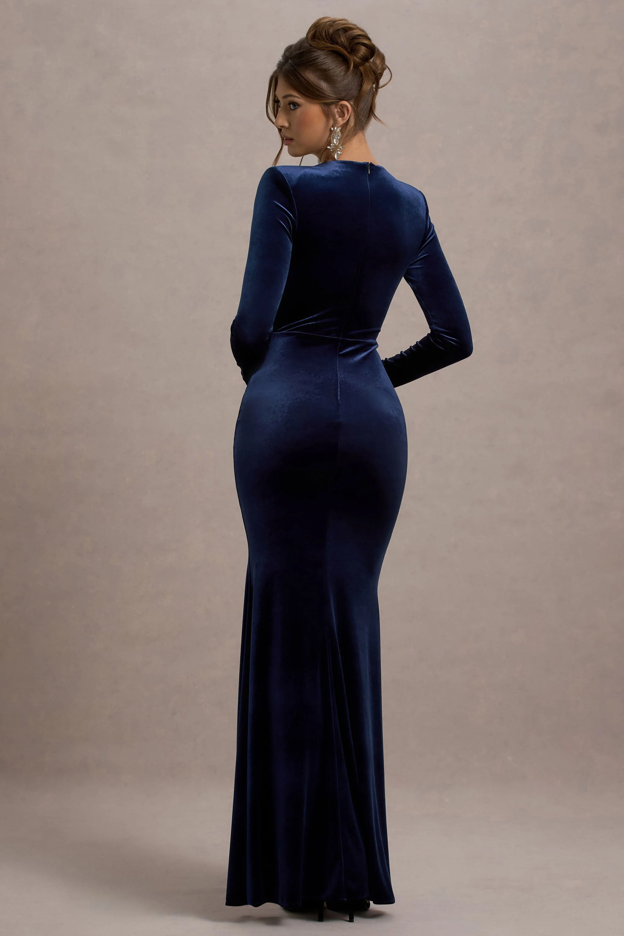 Rayla | Marineblauwe Velours Max Jurk Met Splits - Image 2