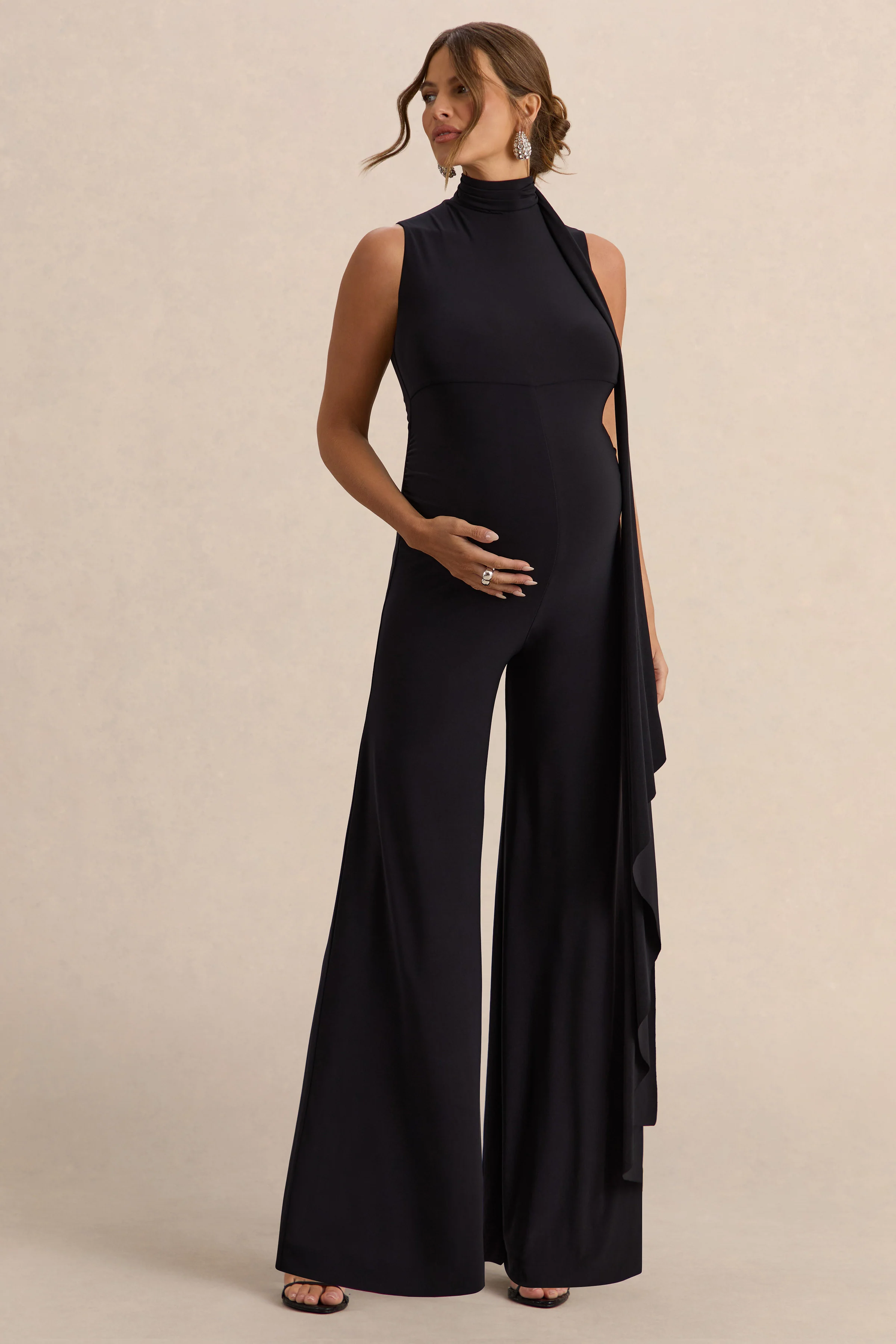 Renza | Zwarte Hoge Hals Zwangerschaps Jumpsuit Met Sjaal Detail