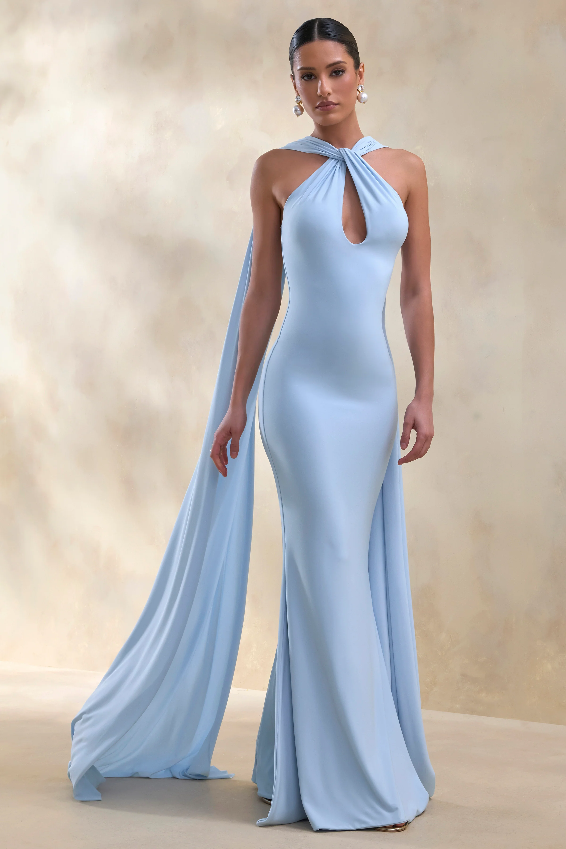 Rhoda | Poederblauwe Gedraaide Halternek Cape Maxi Jurk - Image 5