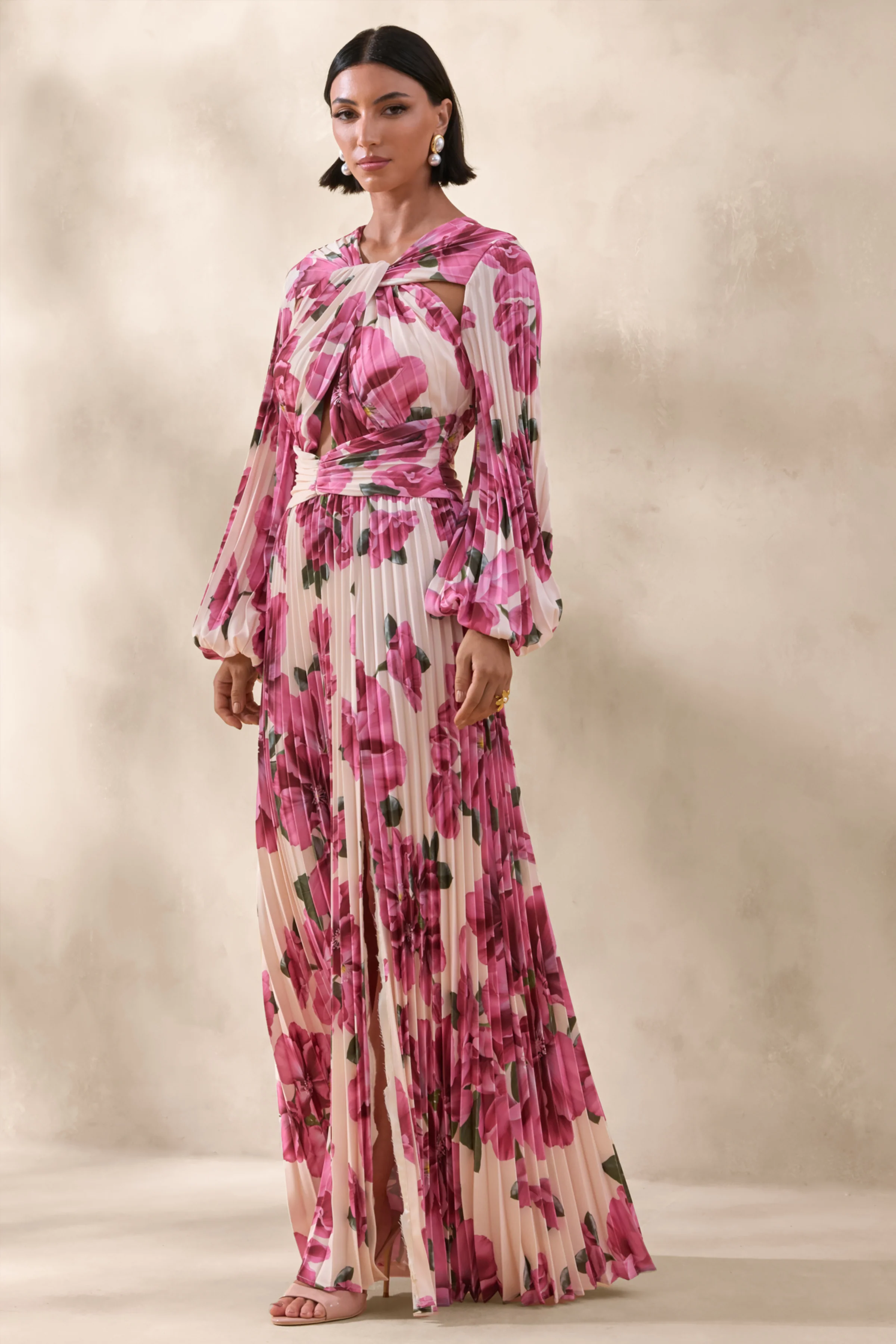 Rionna | Roze Hibiscus Bloemenprint Hoge Hals Maxi Jurk Met Cut-Out Details - Image 4