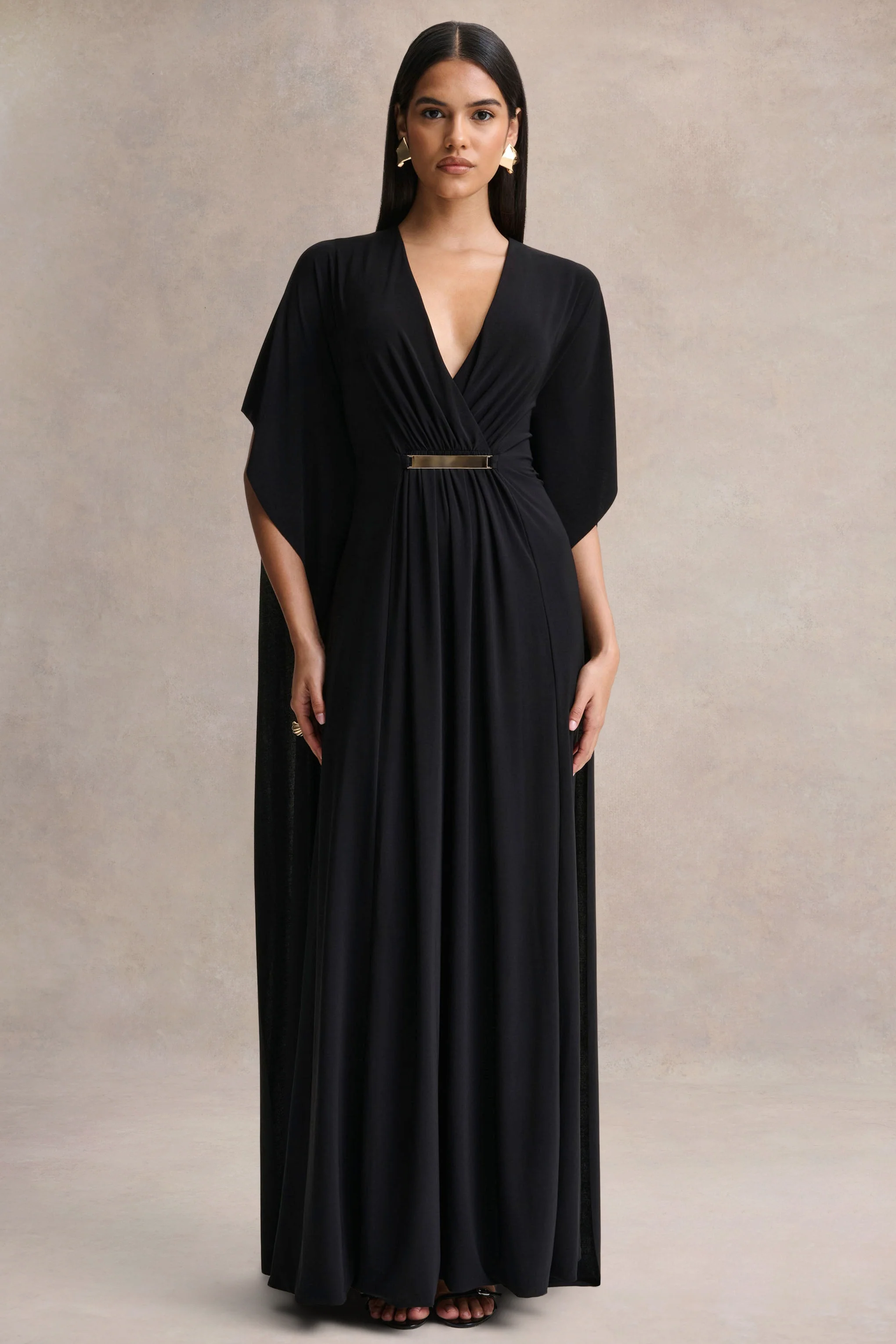 Romilly | Zwarte Diepe V-Hals Maxi Jurk met Gerimpelde Details