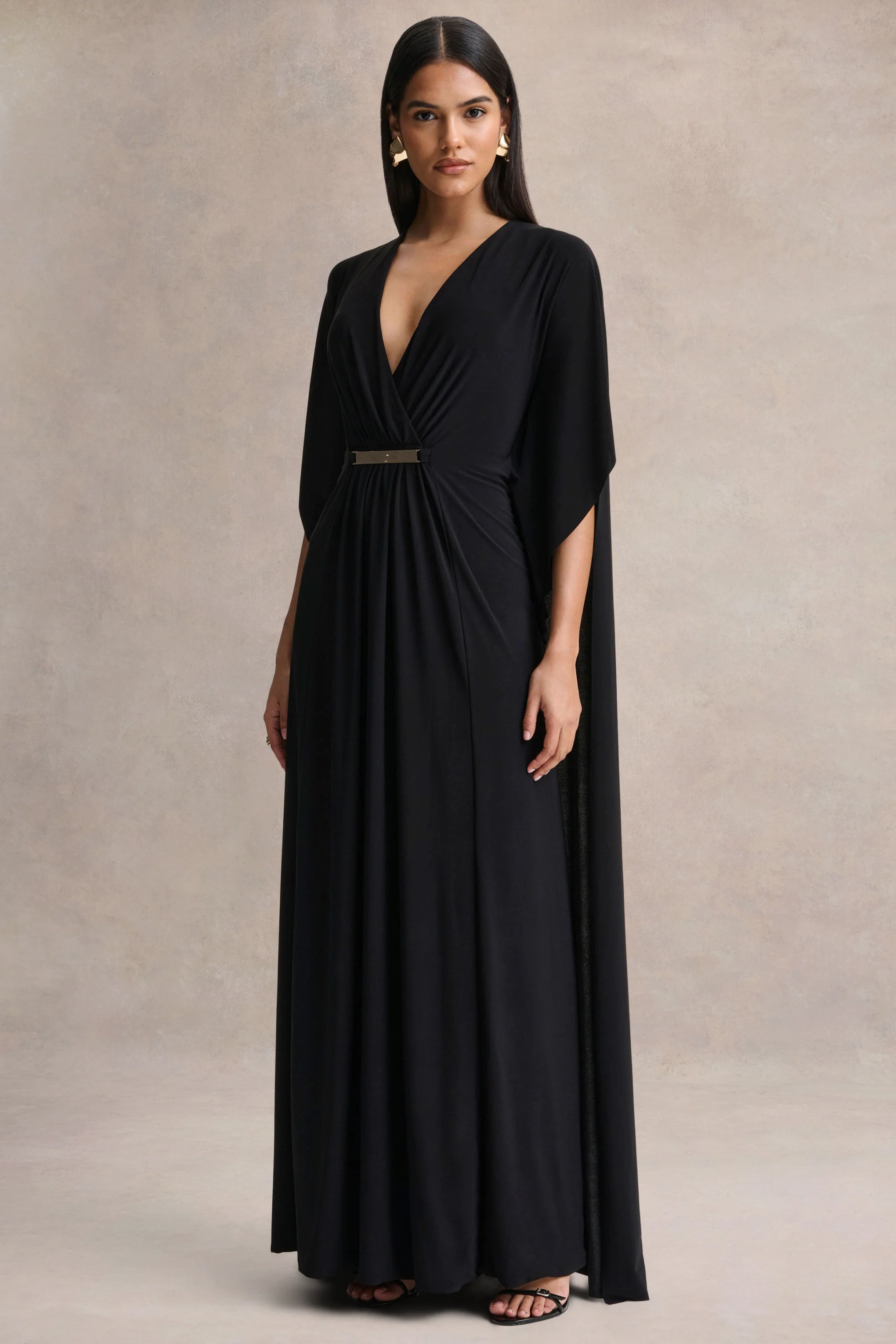 Romilly | Zwarte Diepe V-Hals Maxi Jurk met Gerimpelde Details - Image 4