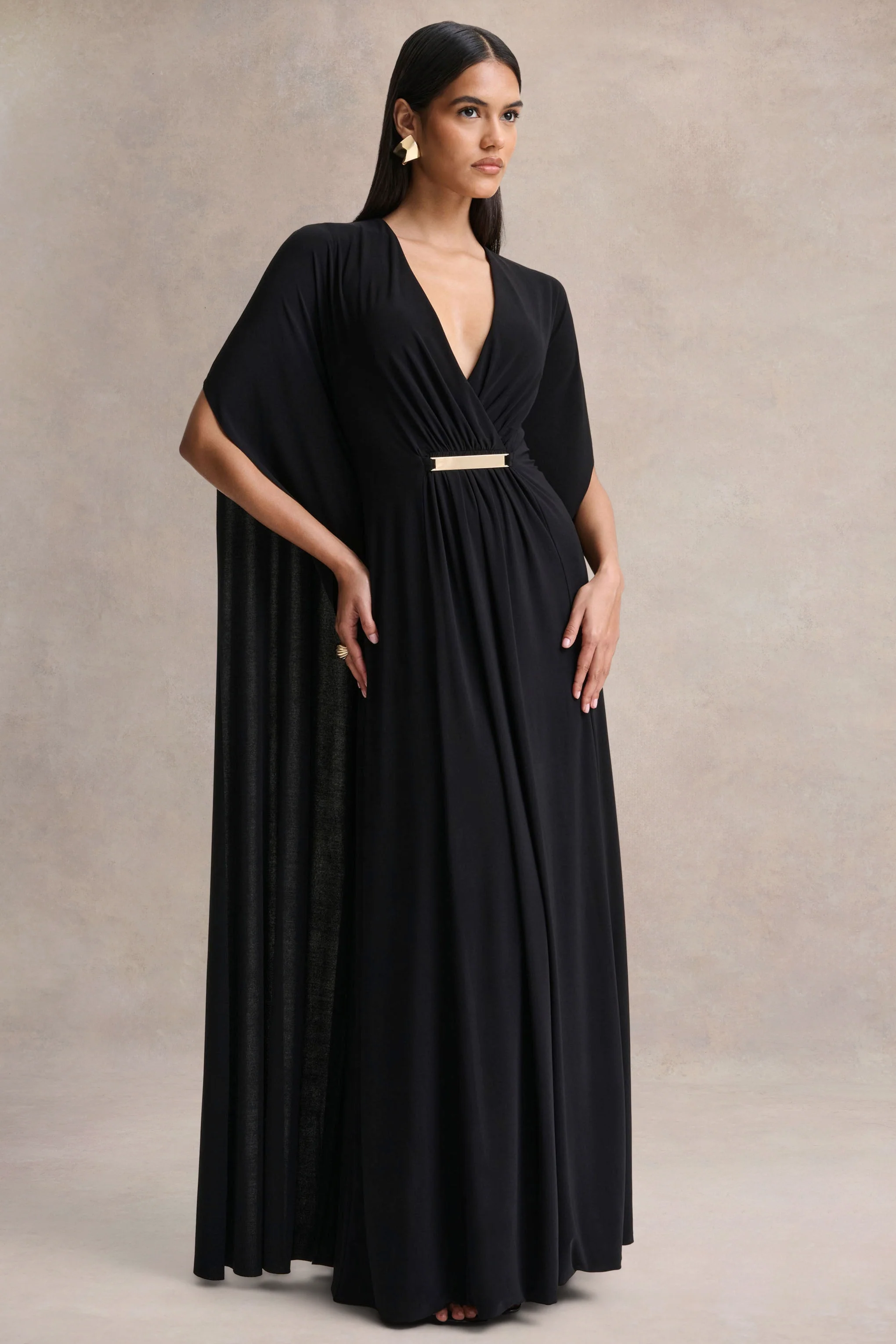Romilly | Zwarte Diepe V-Hals Maxi Jurk met Gerimpelde Details - Image 5