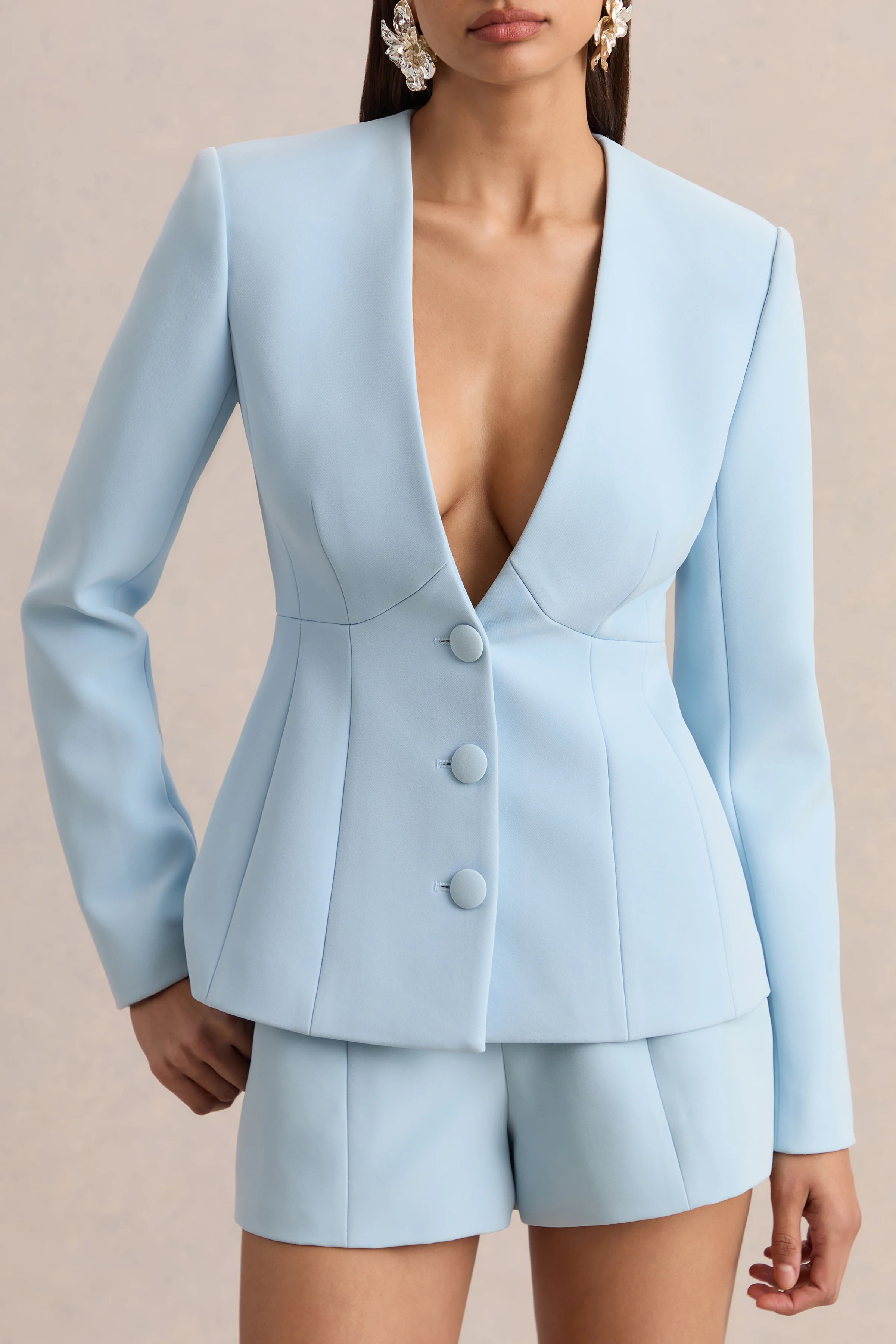 Rosalina | Lichtblauwe Diepe V-Hals Getailleerde Blazer - Image 3