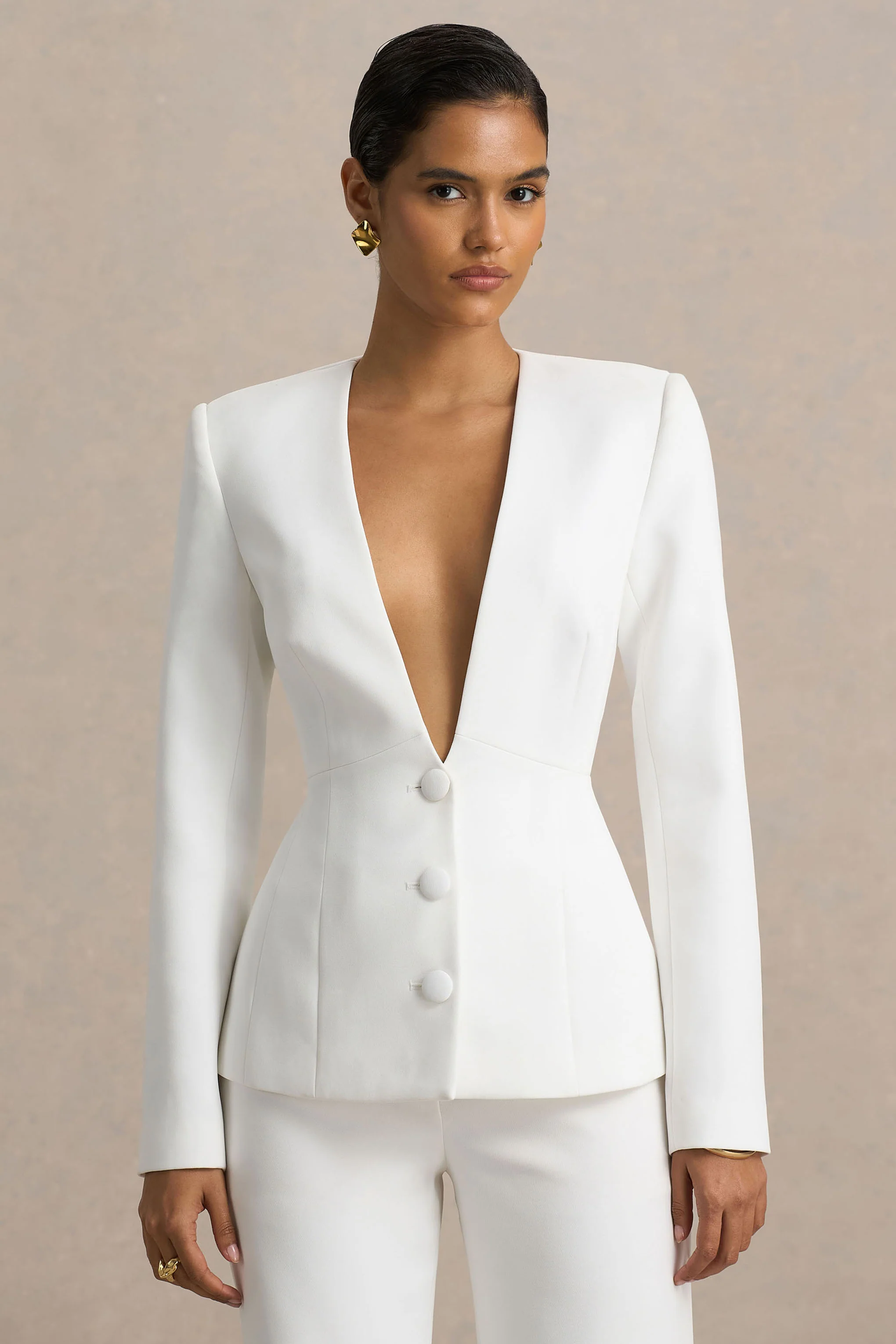 Rosalina | Witte Extreme V-hals Getailleerde Blazer