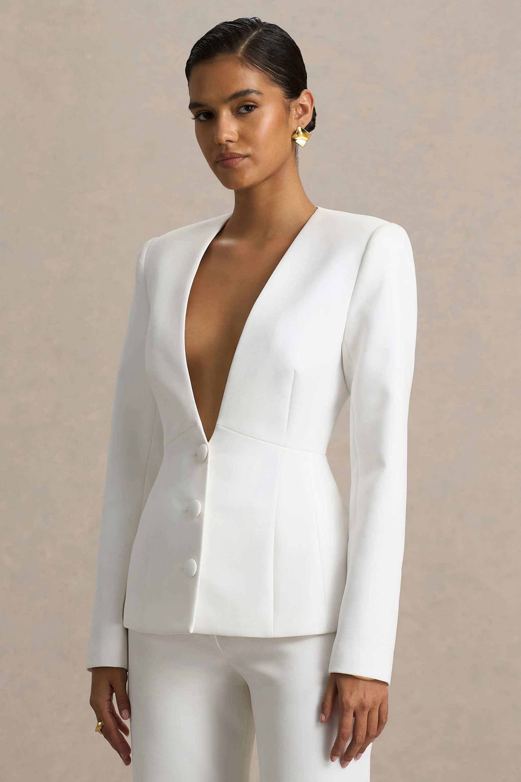 Rosalina | Witte Extreme V-hals Getailleerde Blazer - Image 5