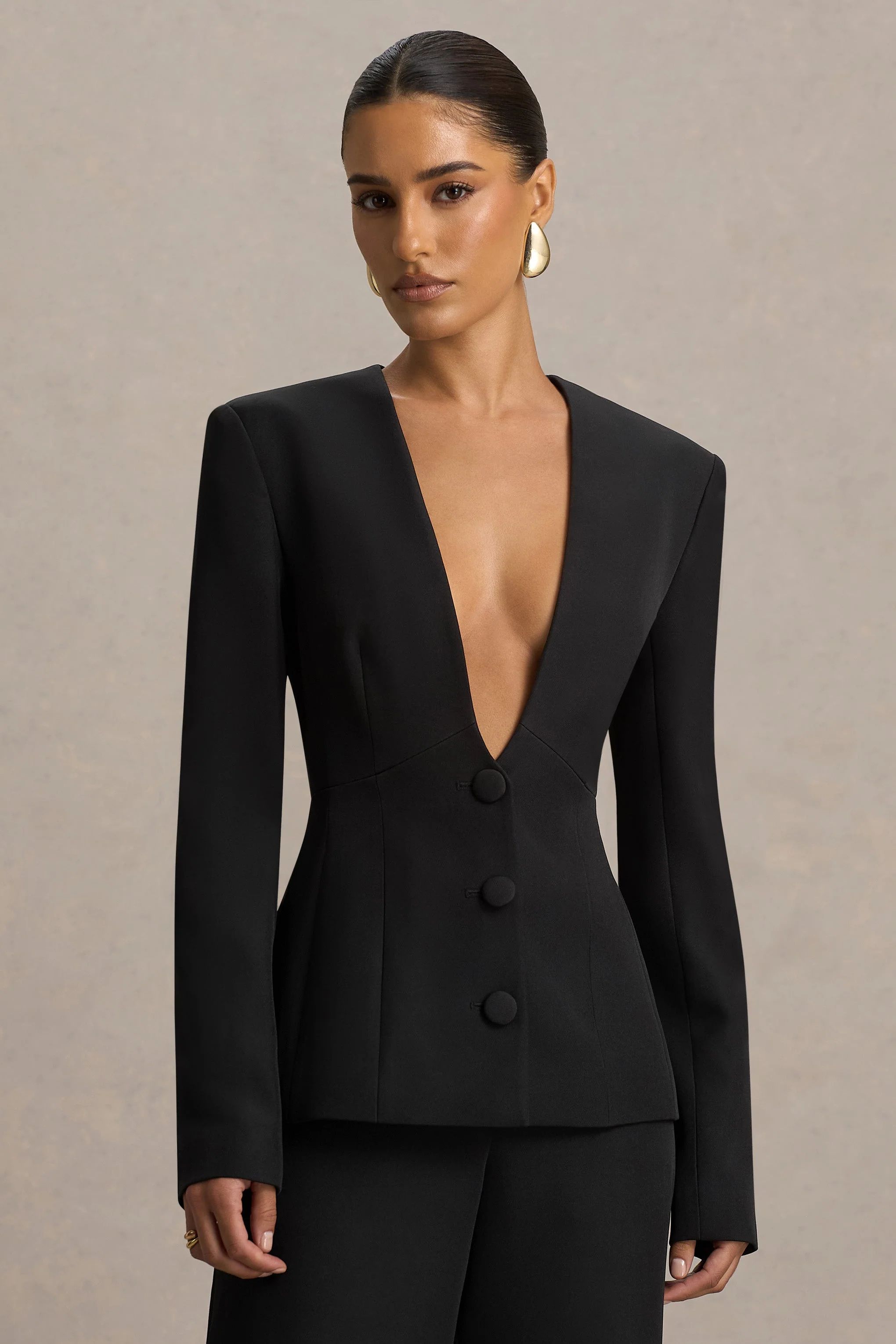 Rosalina | Zwarte Extreme V-hals Getailleerde Blazer