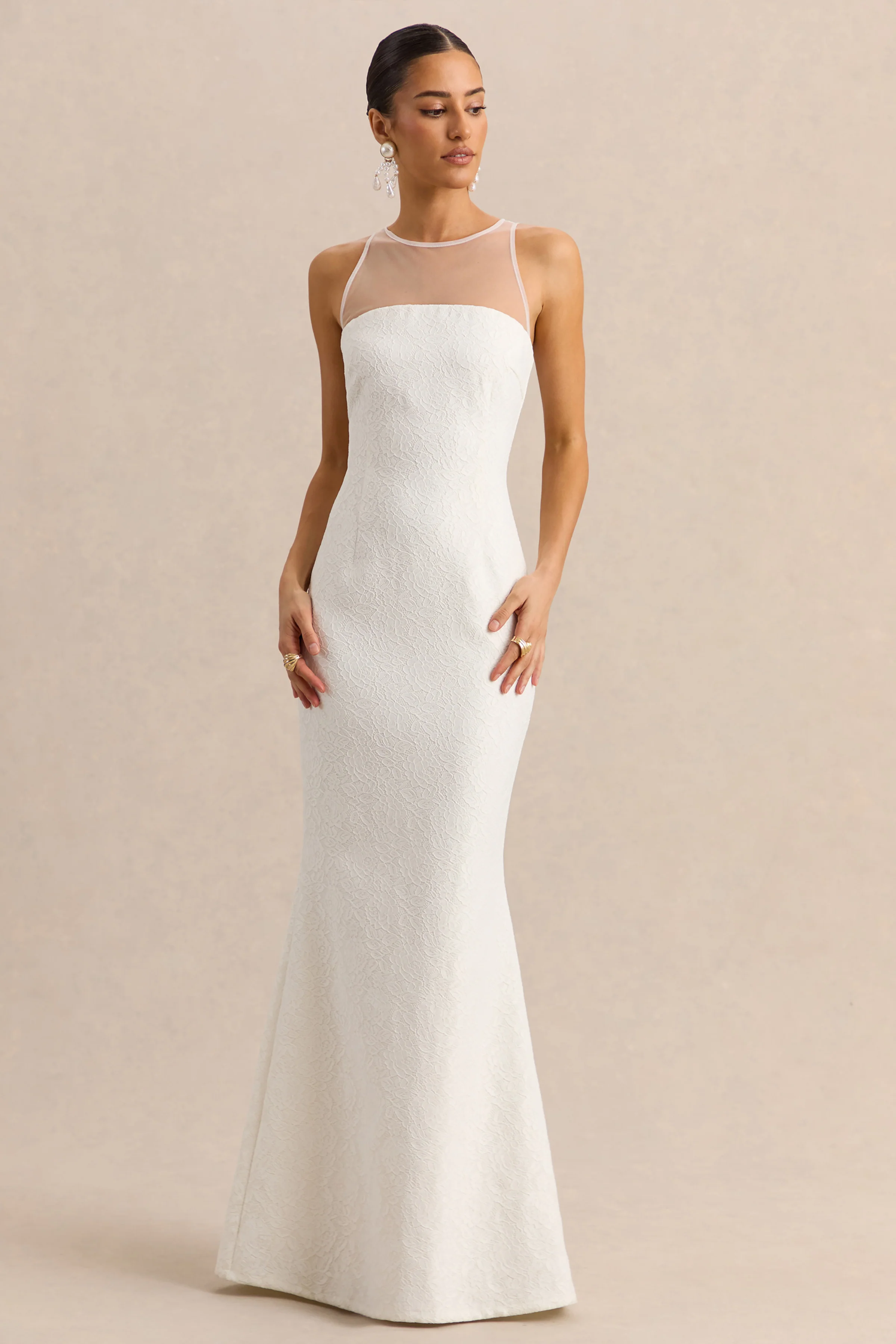 Rosevine | Witte Ronde Hals Maxi Jurk Met Mesh Paneel En Kanten