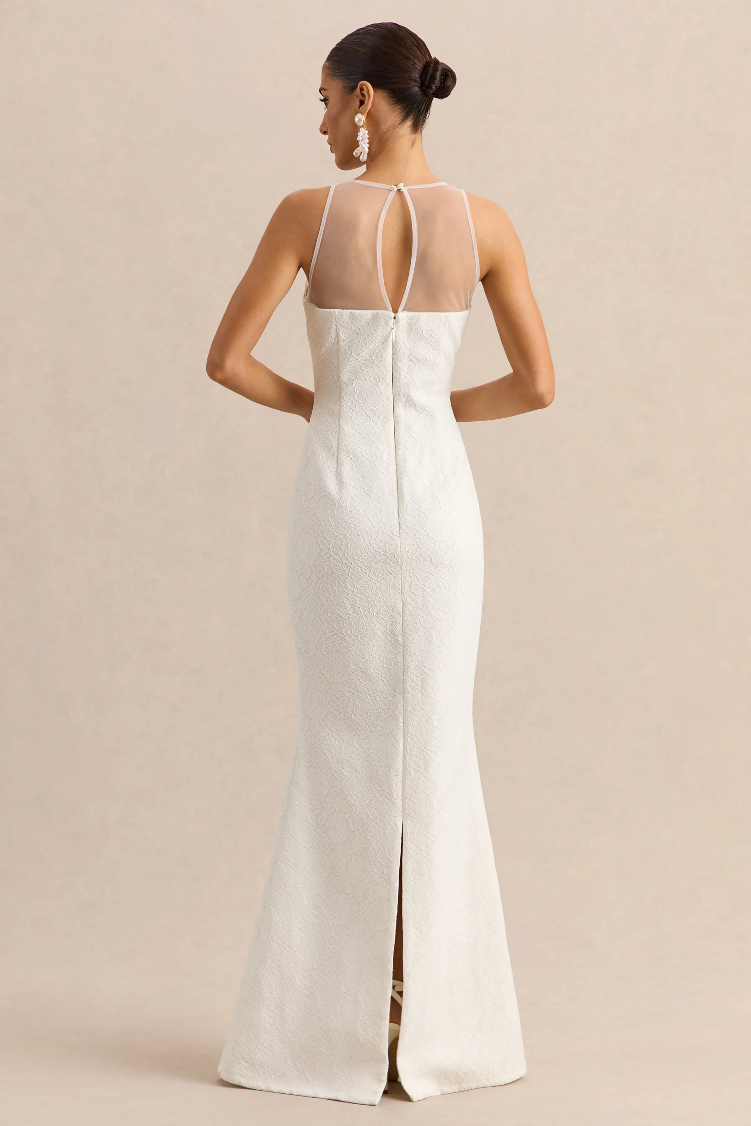 Rosevine | Witte Ronde Hals Maxi Jurk Met Mesh Paneel En Kanten - Image 2