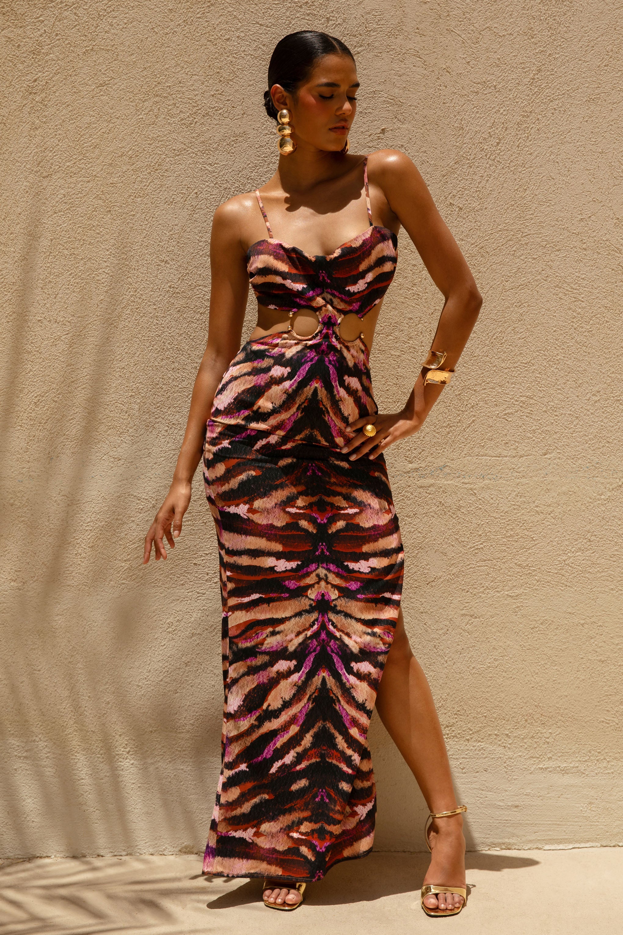 Roxana | Zebra Print Vierkante Hals Maxi Jurk Met Open Rug