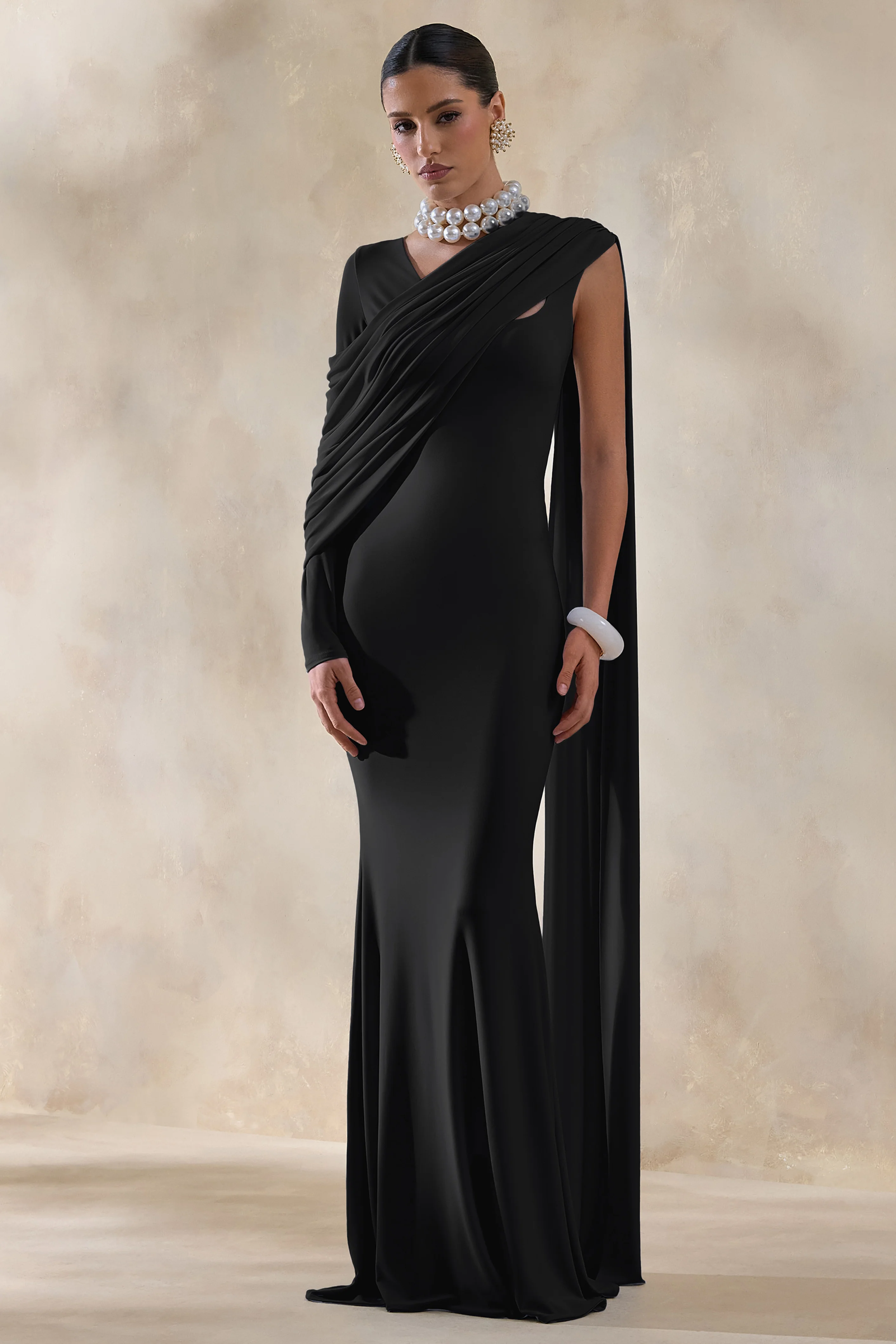 Rubelle | Zwarte Asymmetrische Maxi Jurk Met Drapering Detail