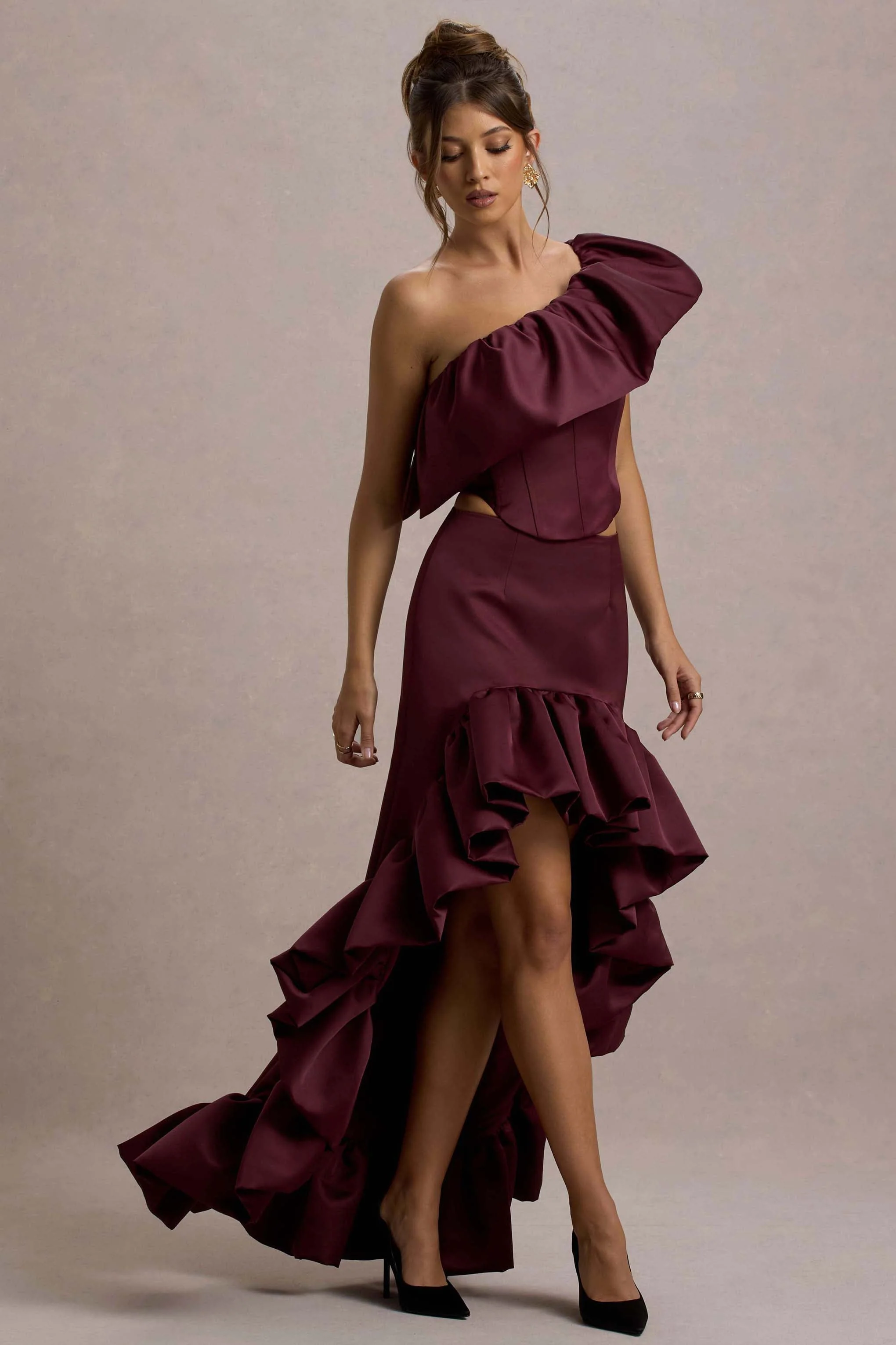 Ruby | Merlot Satijnen Maxi Rok Met Hoog-Lage Hem
