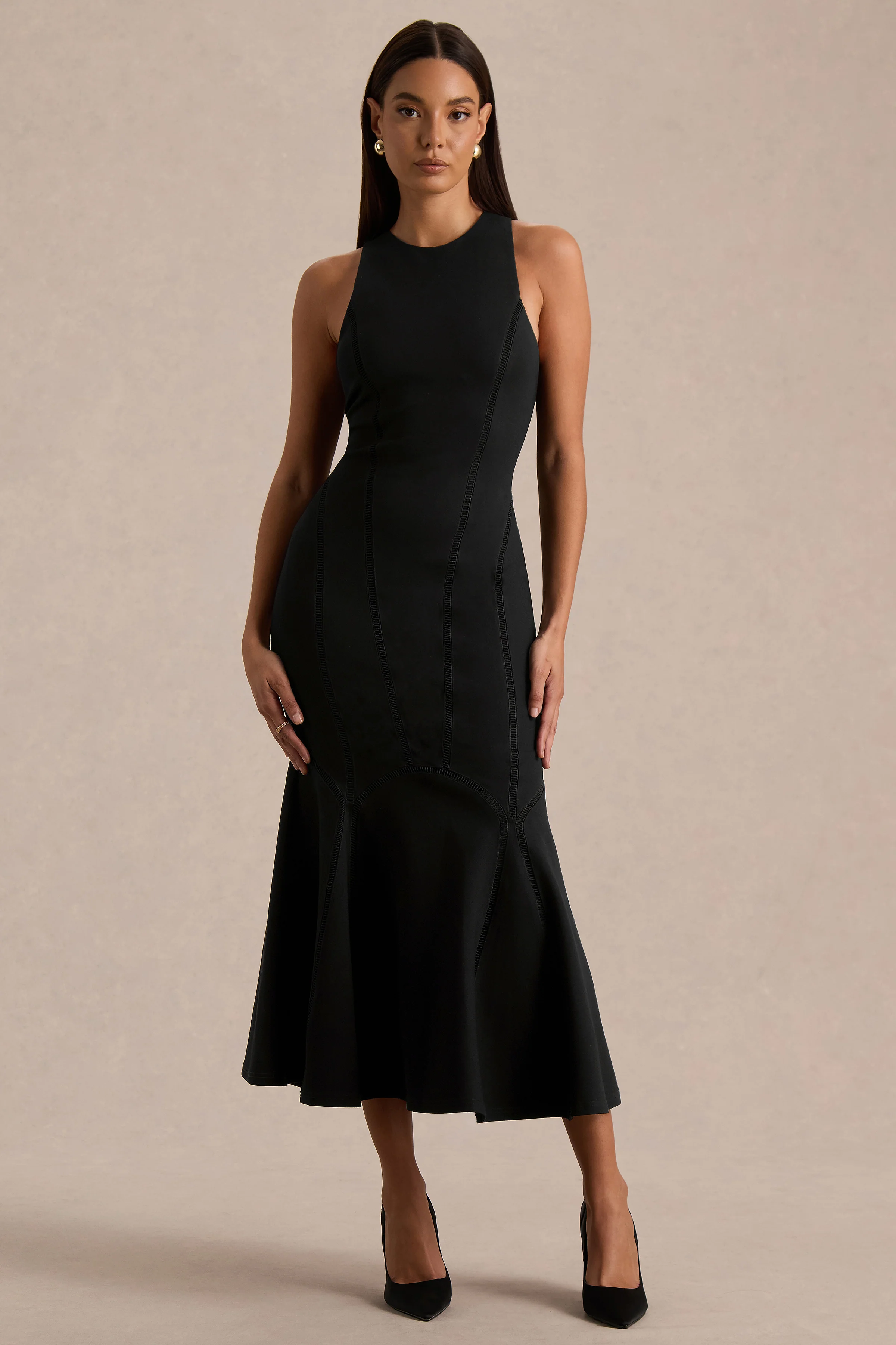 Sally | Zwarte Midi Jurk Met Ronde Hals En Verlaagde Taille - Image 4