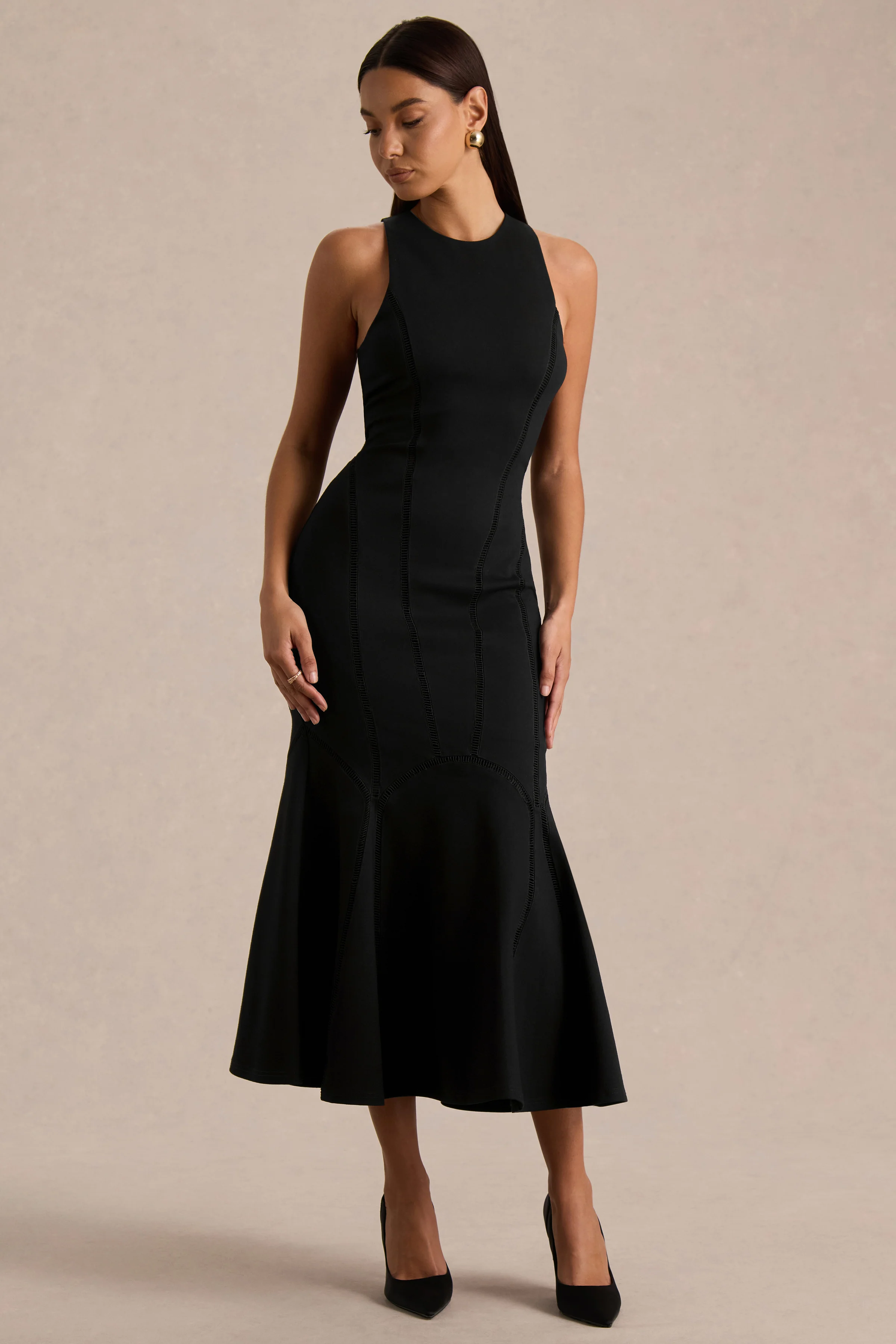 Sally | Zwarte Midi Jurk Met Ronde Hals En Verlaagde Taille - Image 5