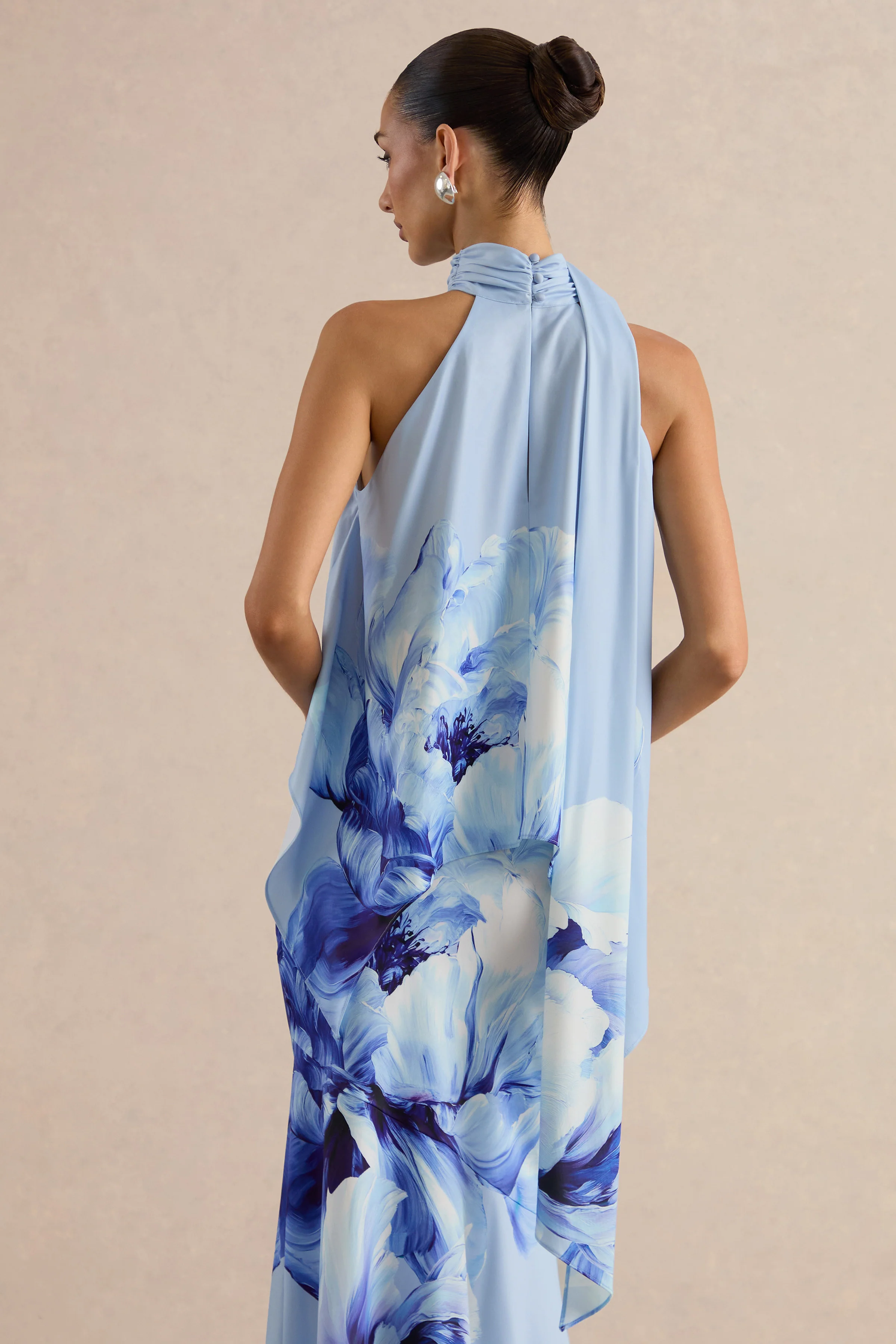 Sancelle | Blauwe Bloemenprint Met Rand Matte Satin Halternek Top - Image 2