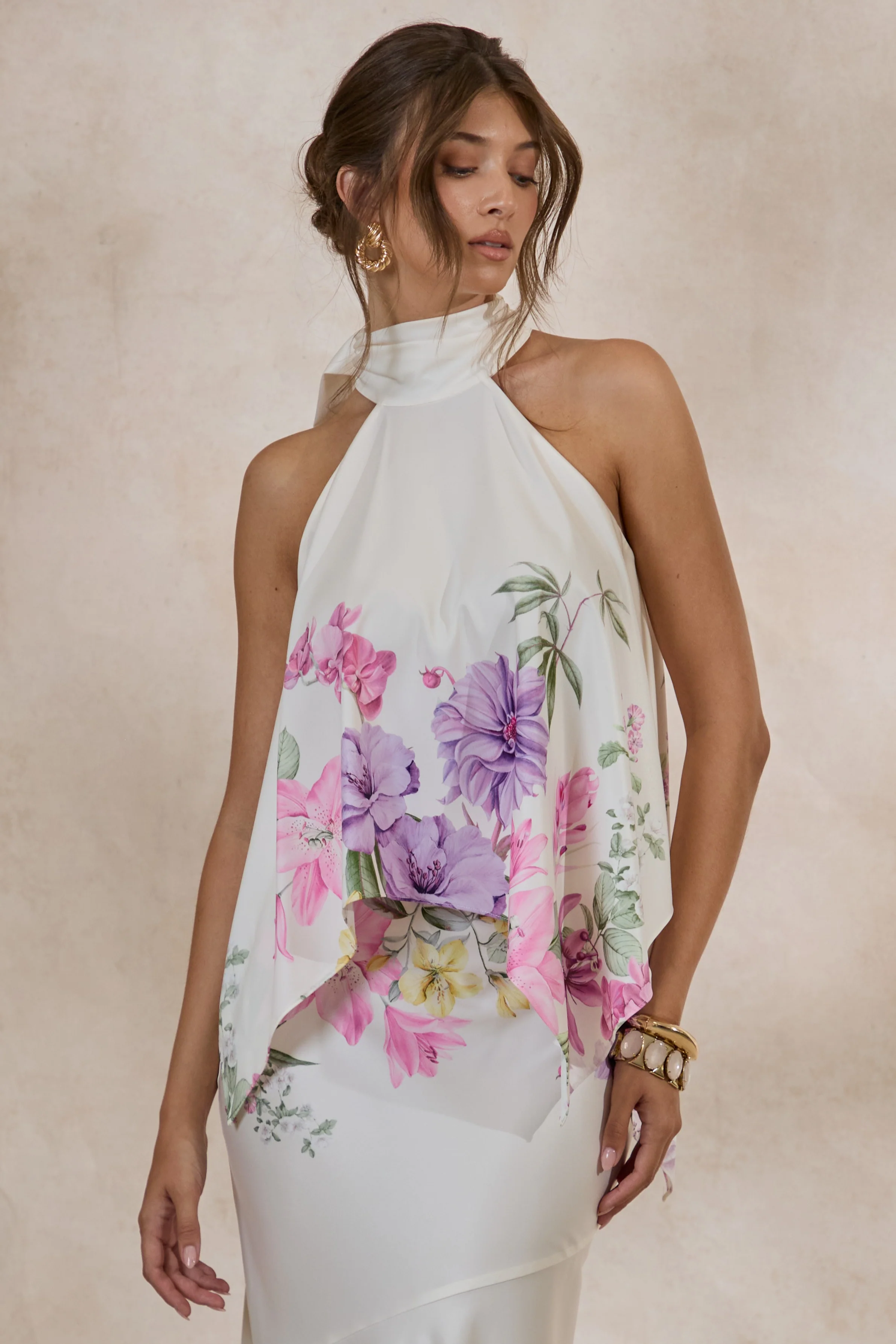 Sancelle | Crème Bloemenprint Satijnen Halternek Top
