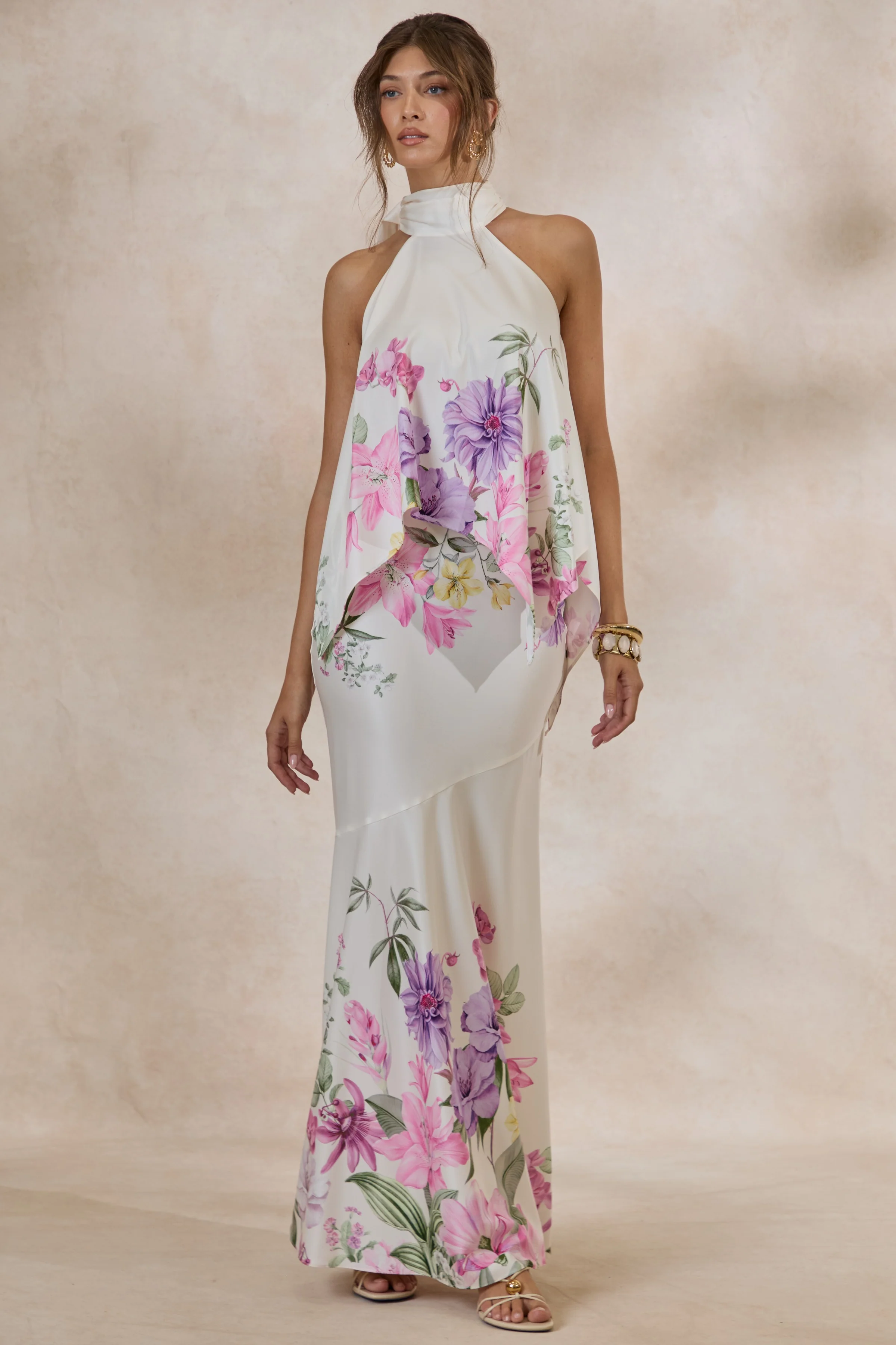 Sancelle | Crème Bloemenprint Satijnen Halternek Top - Image 4