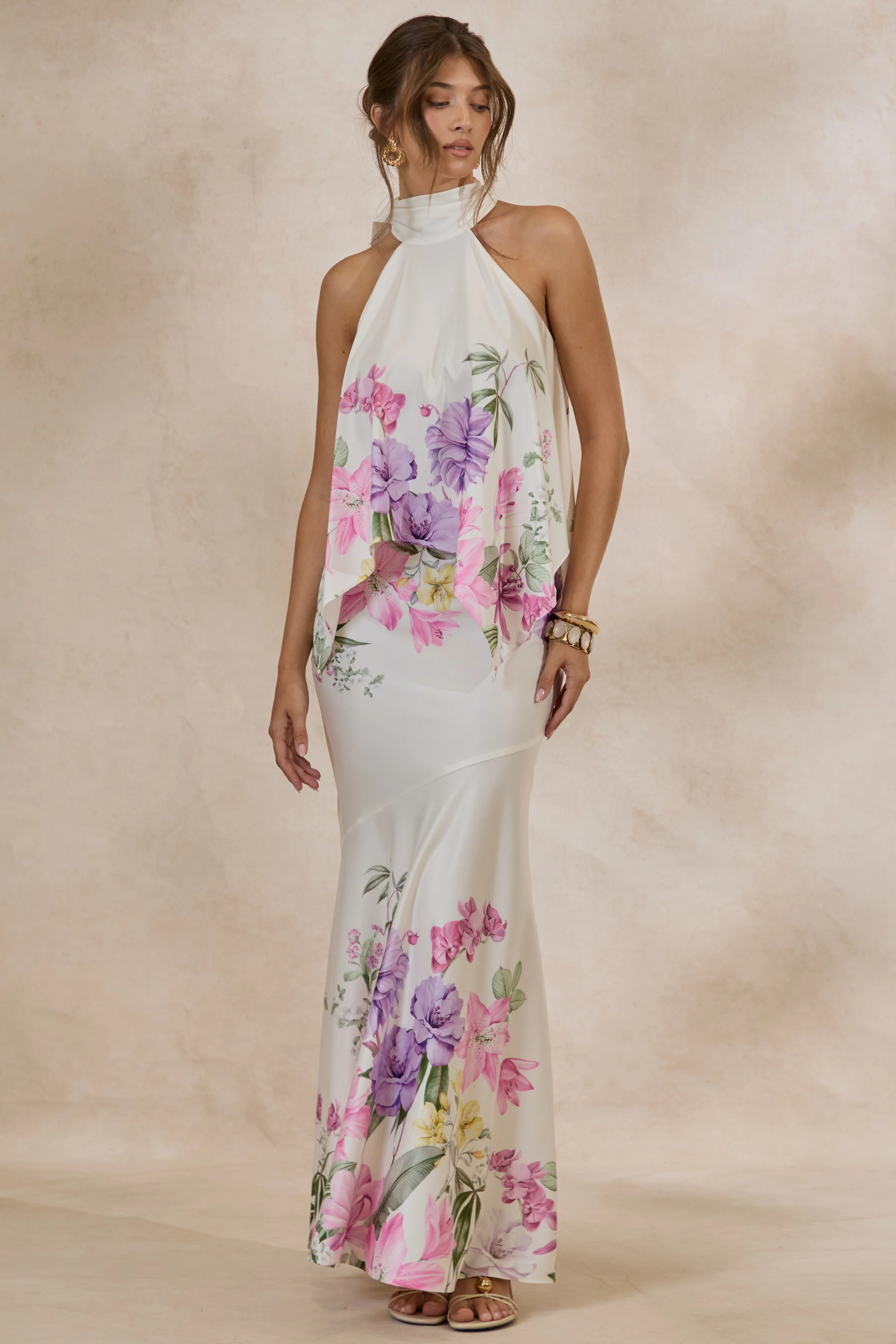 Sancelle | Crème Bloemenprint Satijnen Halternek Top - Image 5
