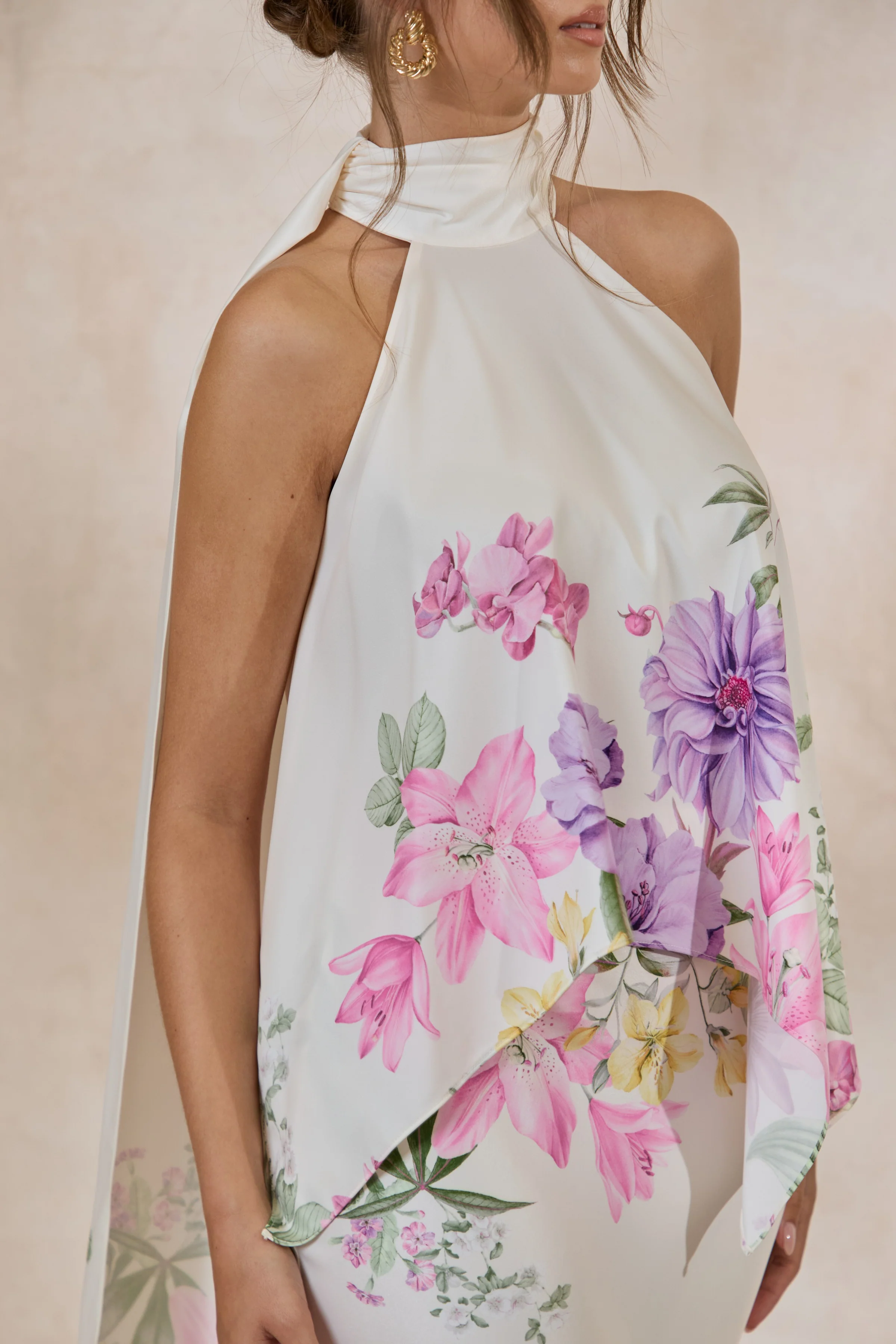 Sancelle | Crème Bloemenprint Satijnen Halternek Top - Image 6
