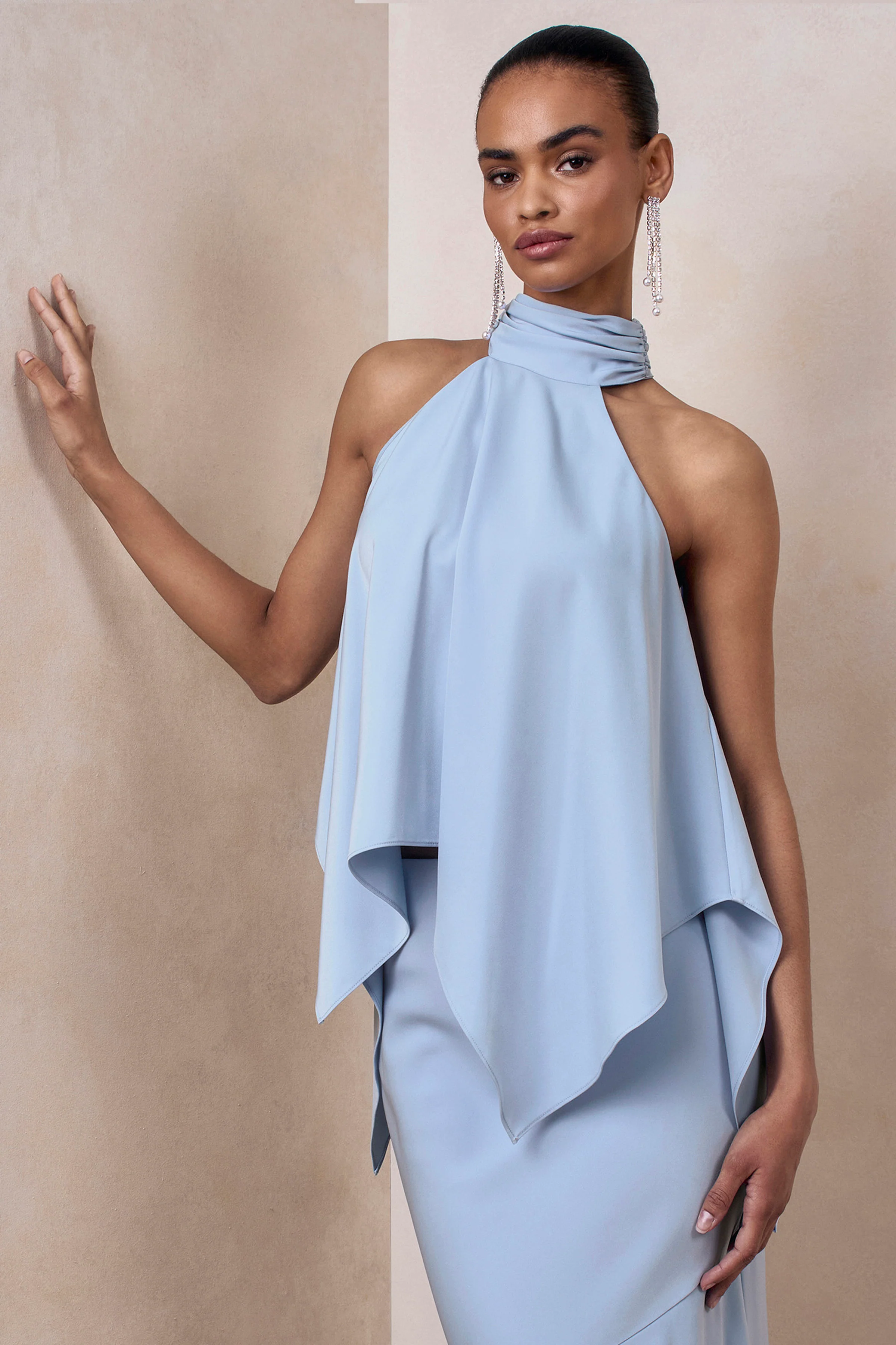 Sancelle | Poederblauwe Satijnen Hoge Hals Top