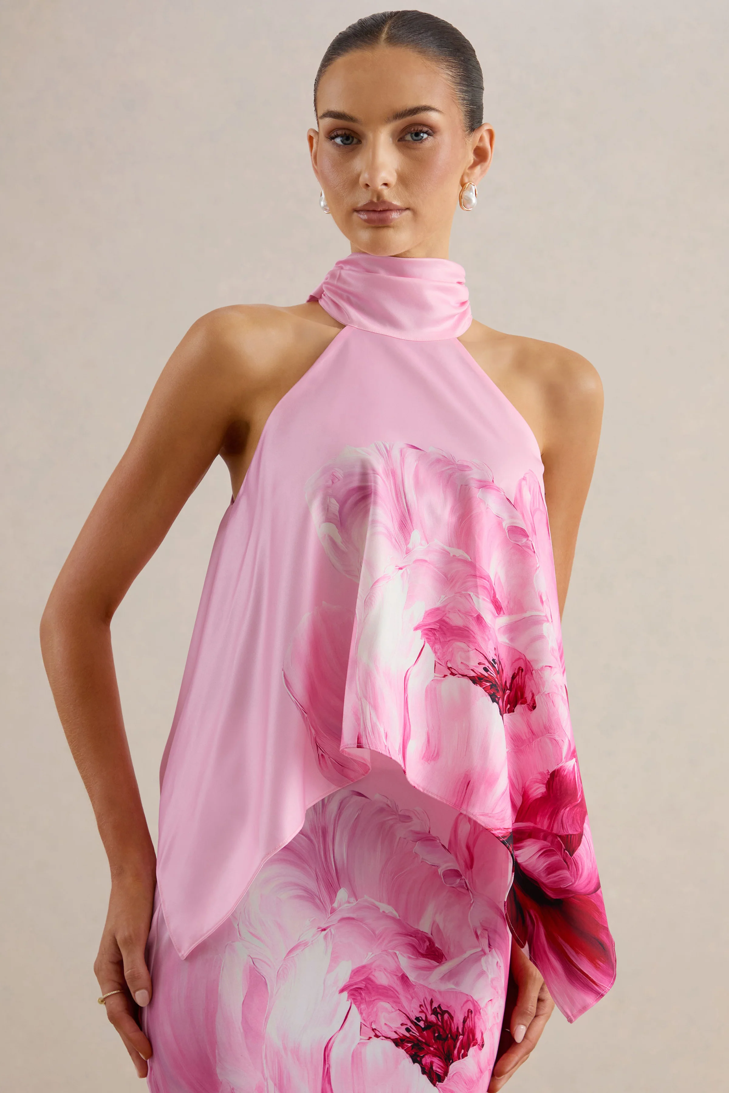 Sancelle | Roze Bloemenprint Satijnen Halternek Top - Image 5