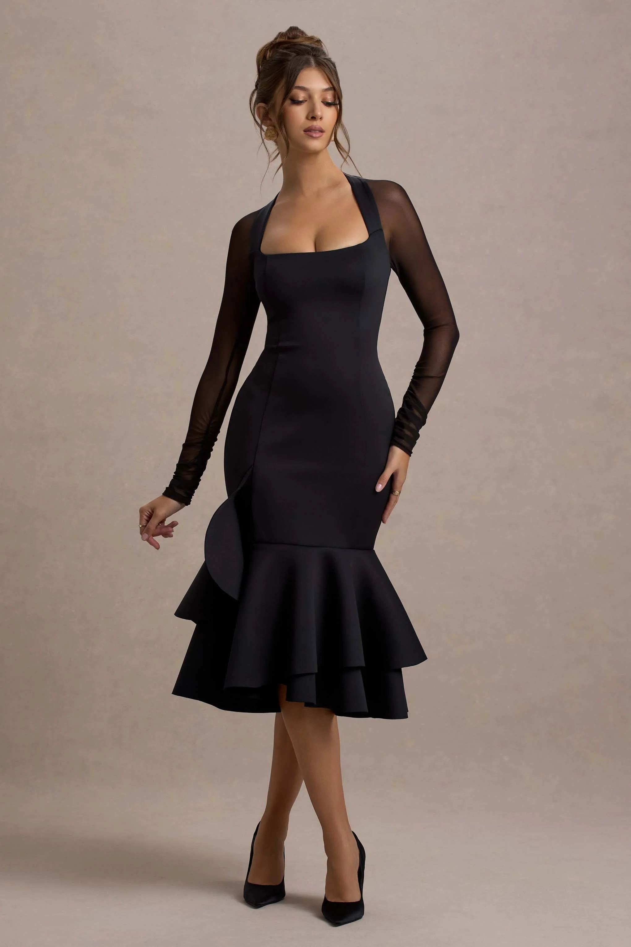 Sander | Zwarte Mesh Midi Jurk Met Lang Mouwen En Ruches Rand - Image 5