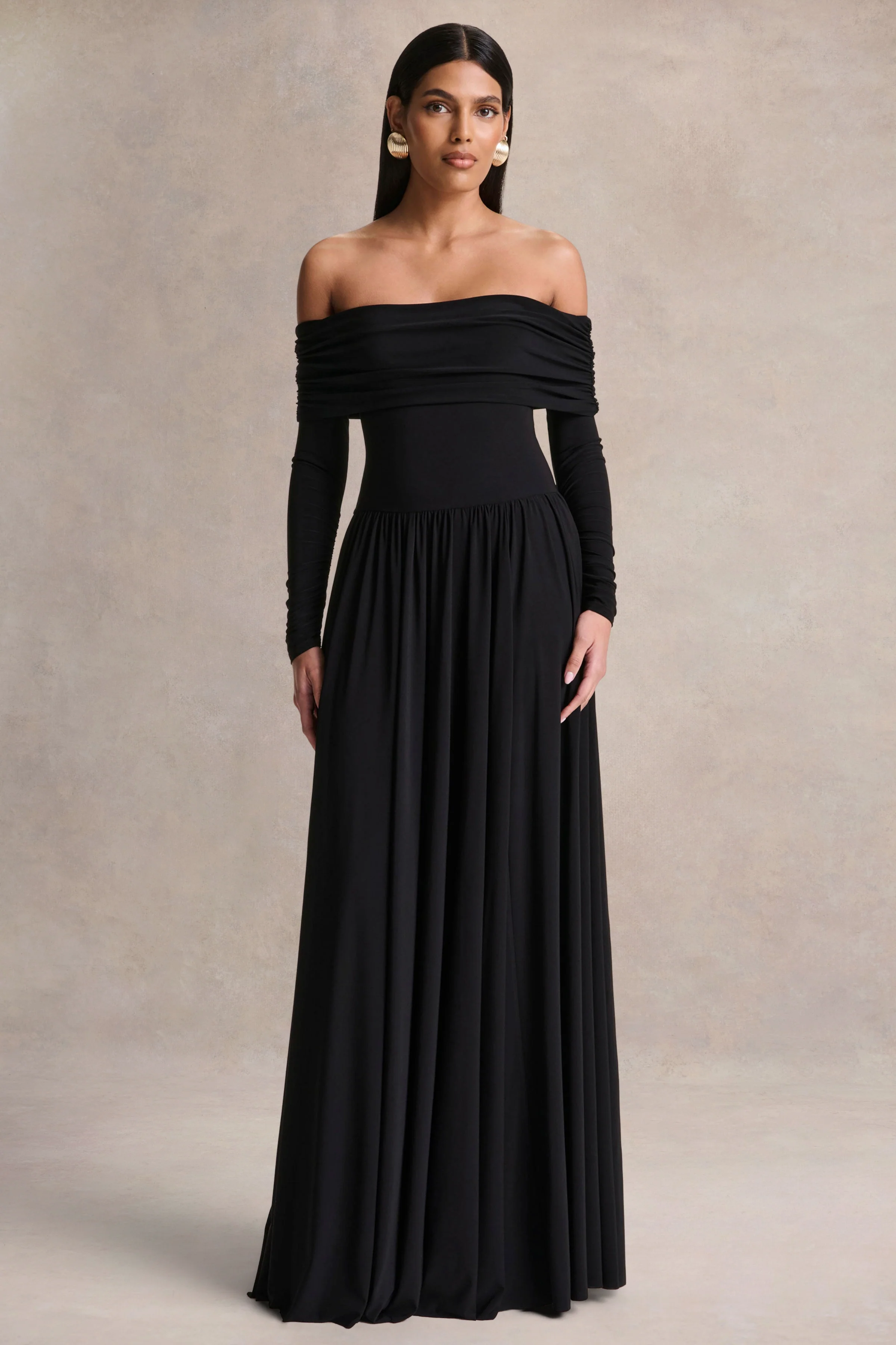 Saskia | Zwarte Bardot Halslijn Maxi Jurk